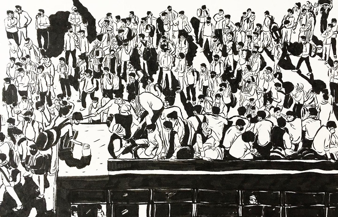 100 - A rush of migrant workers throng to board buses, with many riding on roofs, on day 5 of the nationwide lockdown, at Lal Kuan bus stand, 29th March, Ghaziabad. Ref image by Ajay Aggarwal/ Hindustan Times via Getty Images