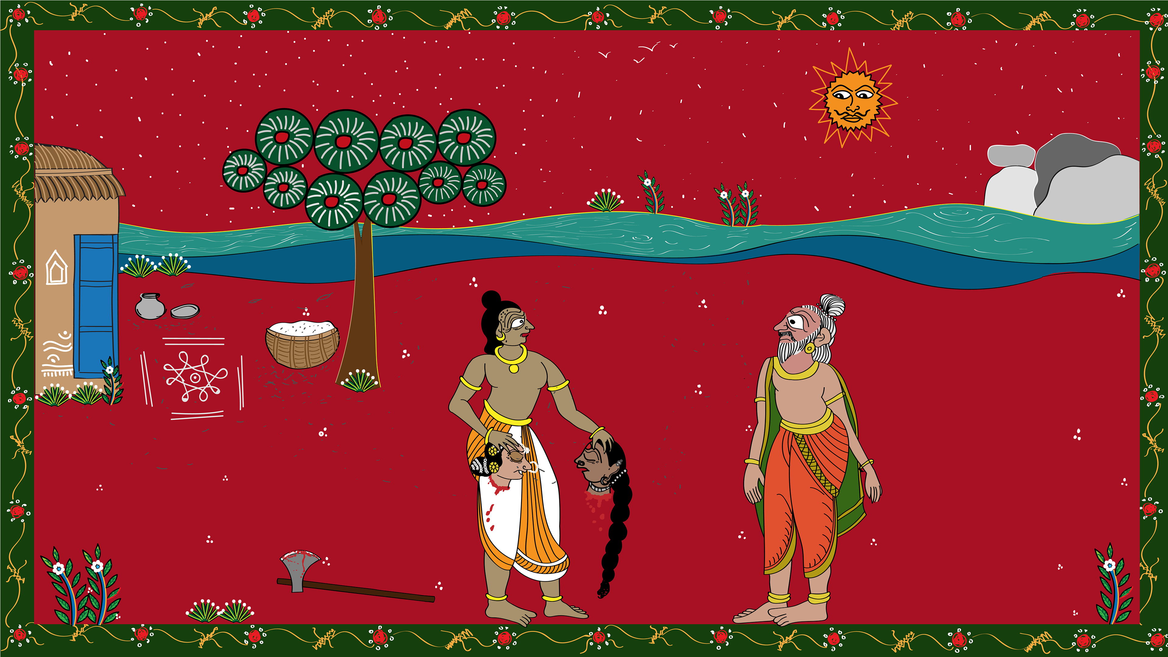 He brings the heads back to the ashram as proof to his father that he has done as he wished.