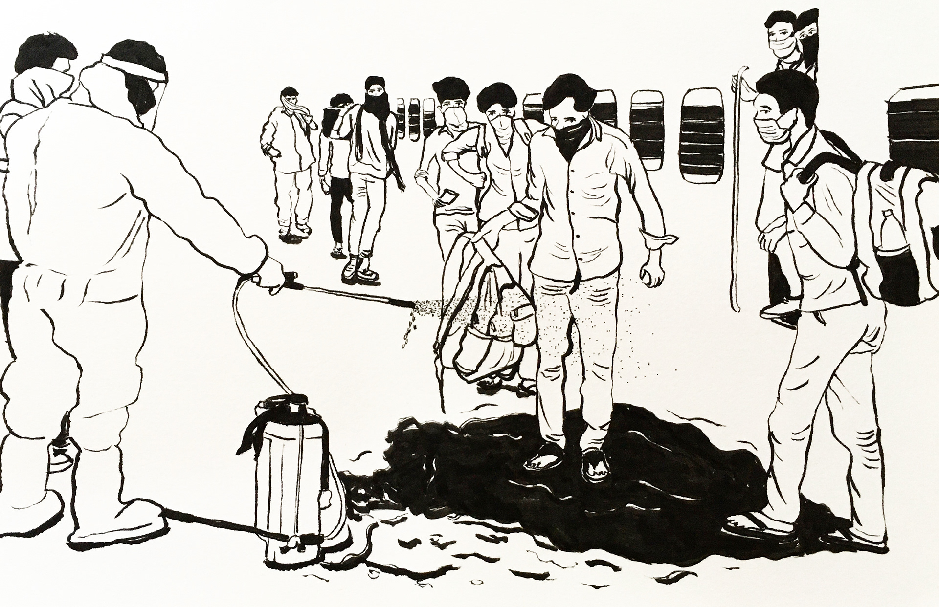 74 - A healthcare worker sanitises the luggage of migrants who arrived from Mangalore by a Shramik Special train at Jodhpur railway station. Ref image by PTI