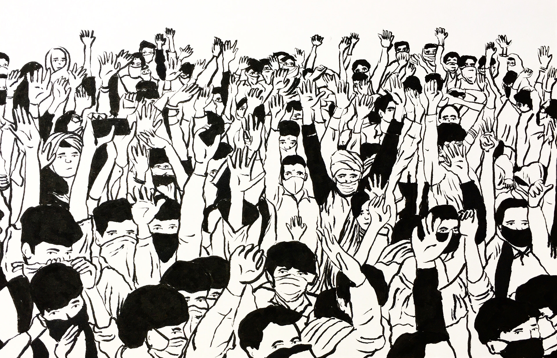 87 - Migrant workers raise their hands as policemen ask them for their destination as they wait for buses along a highway with their families, on the outskirts of New Delhi. Ref image by Reuters