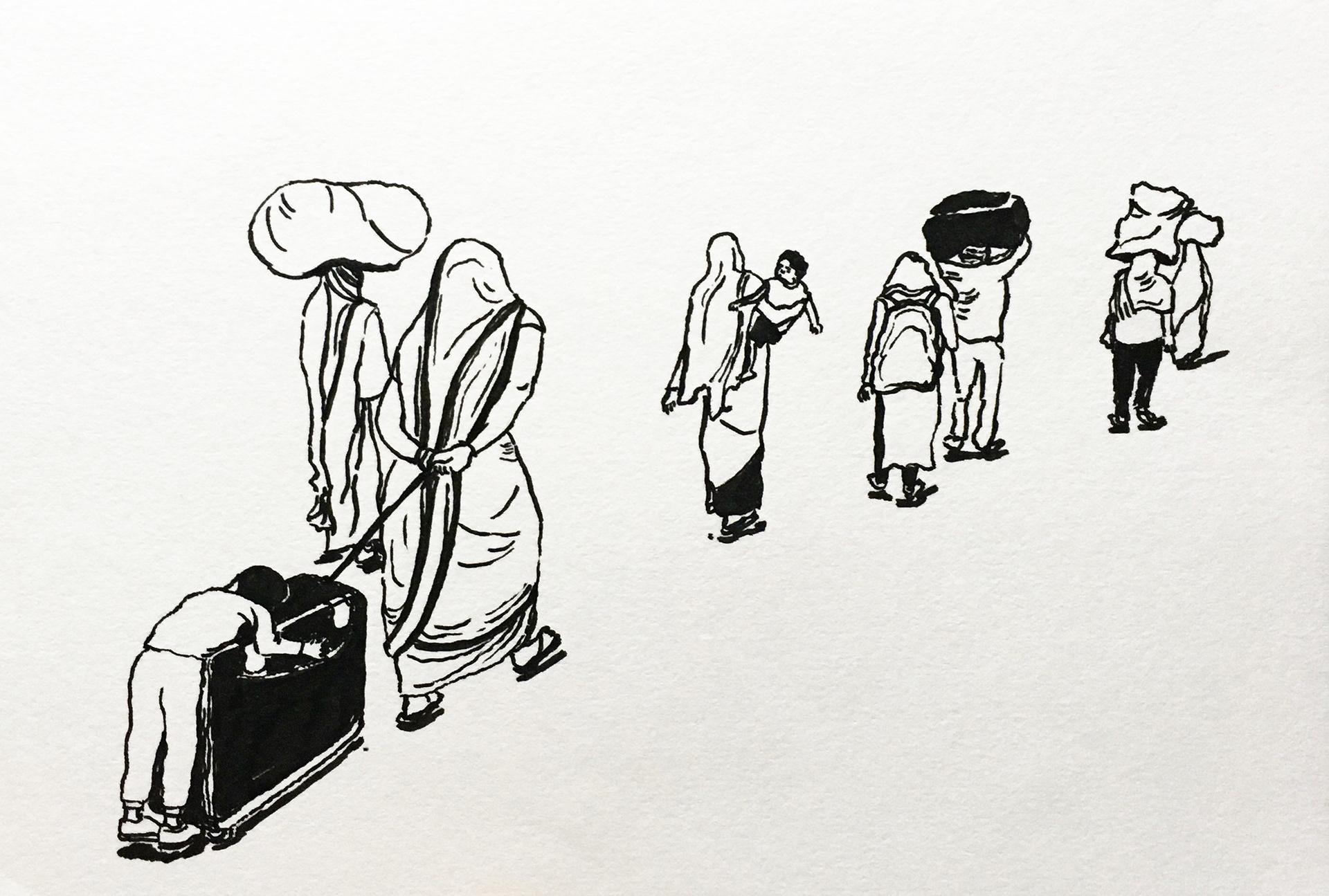 33 - A exhausted child sleeps on a suitcase wheeled by his mother. Ref from a screen grab via NDTV