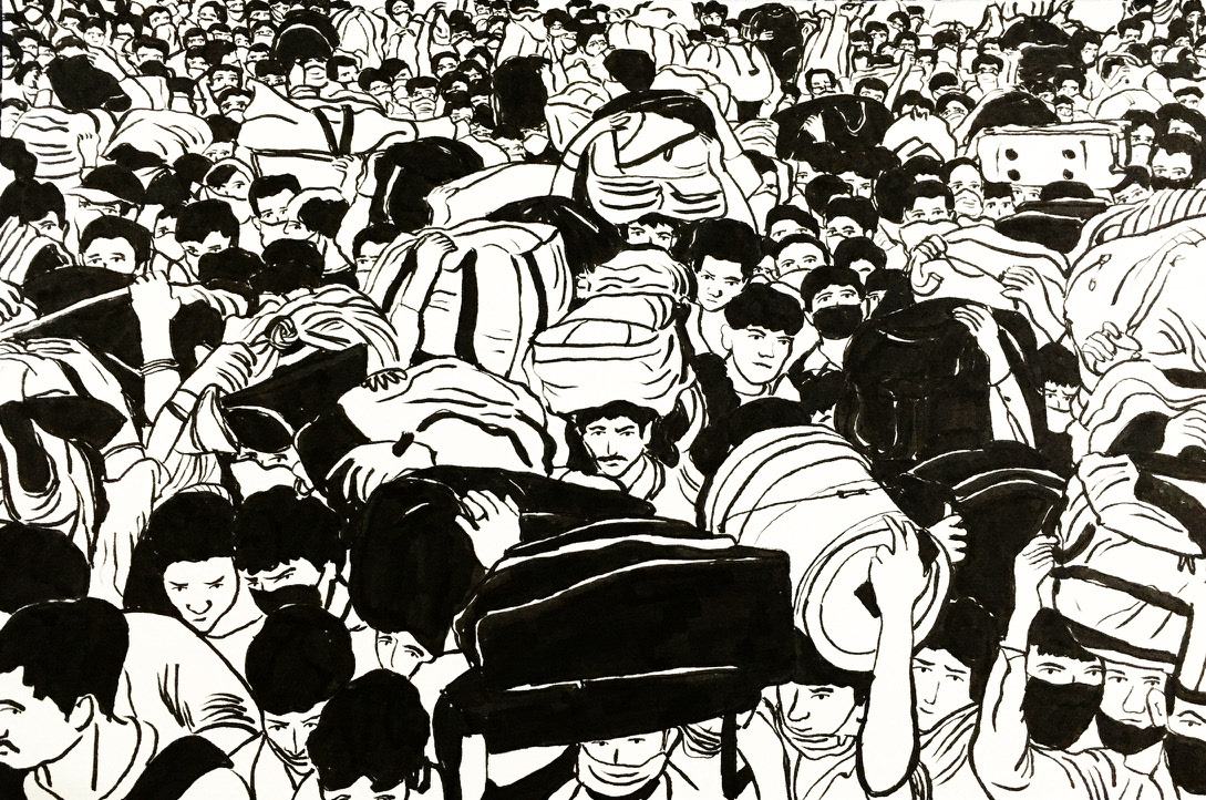 81 - Migrant workers crowd up outside a bus station as they wait to board buses to return to their villages, in Ghaziabad, on the outskirts of Delhi, March 28th. Ref image by Anushree Fadnavis via Reuters