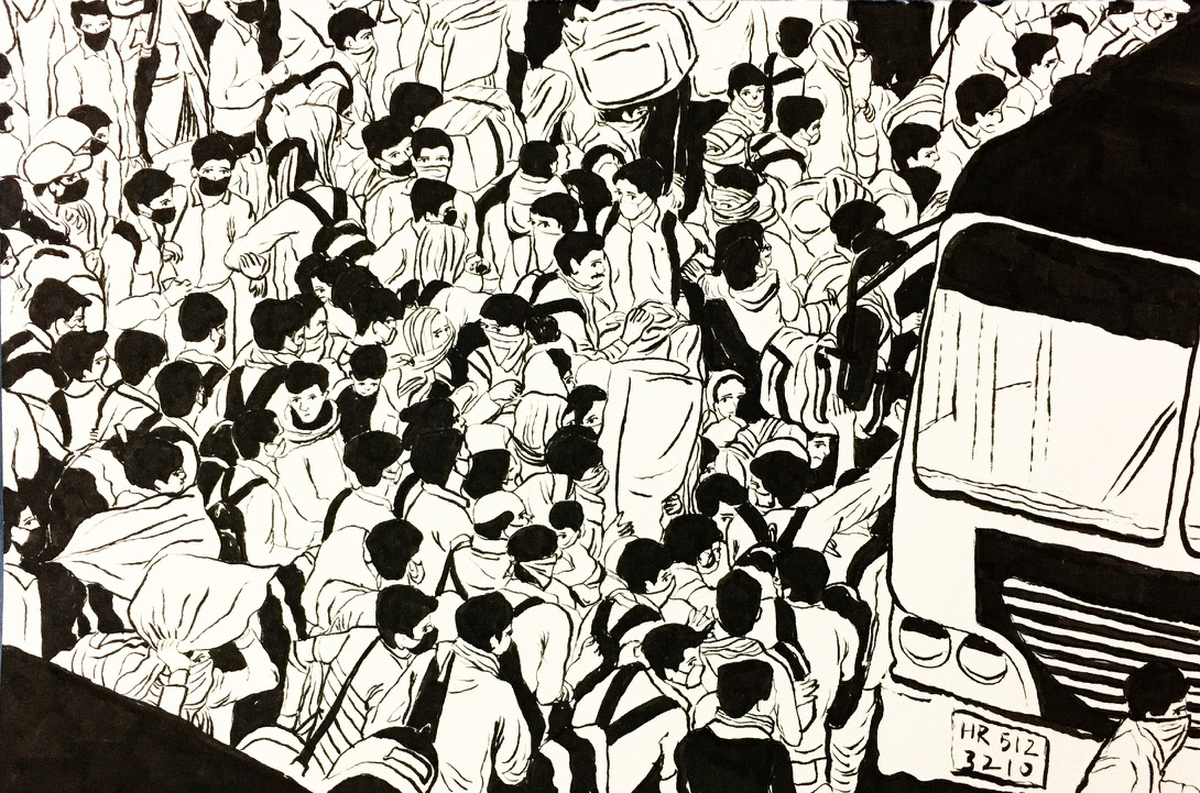 95 - A rush of migrant workers throng to board buses arranged by the UP government, with many riding on the roofs, on day 5 of the nationwide lockdown, at Lal Kuan Bus stand, March 29th, Ghaziabad. Ref image by Ajay Aggarwal/Hindustan Times via Getty Images
