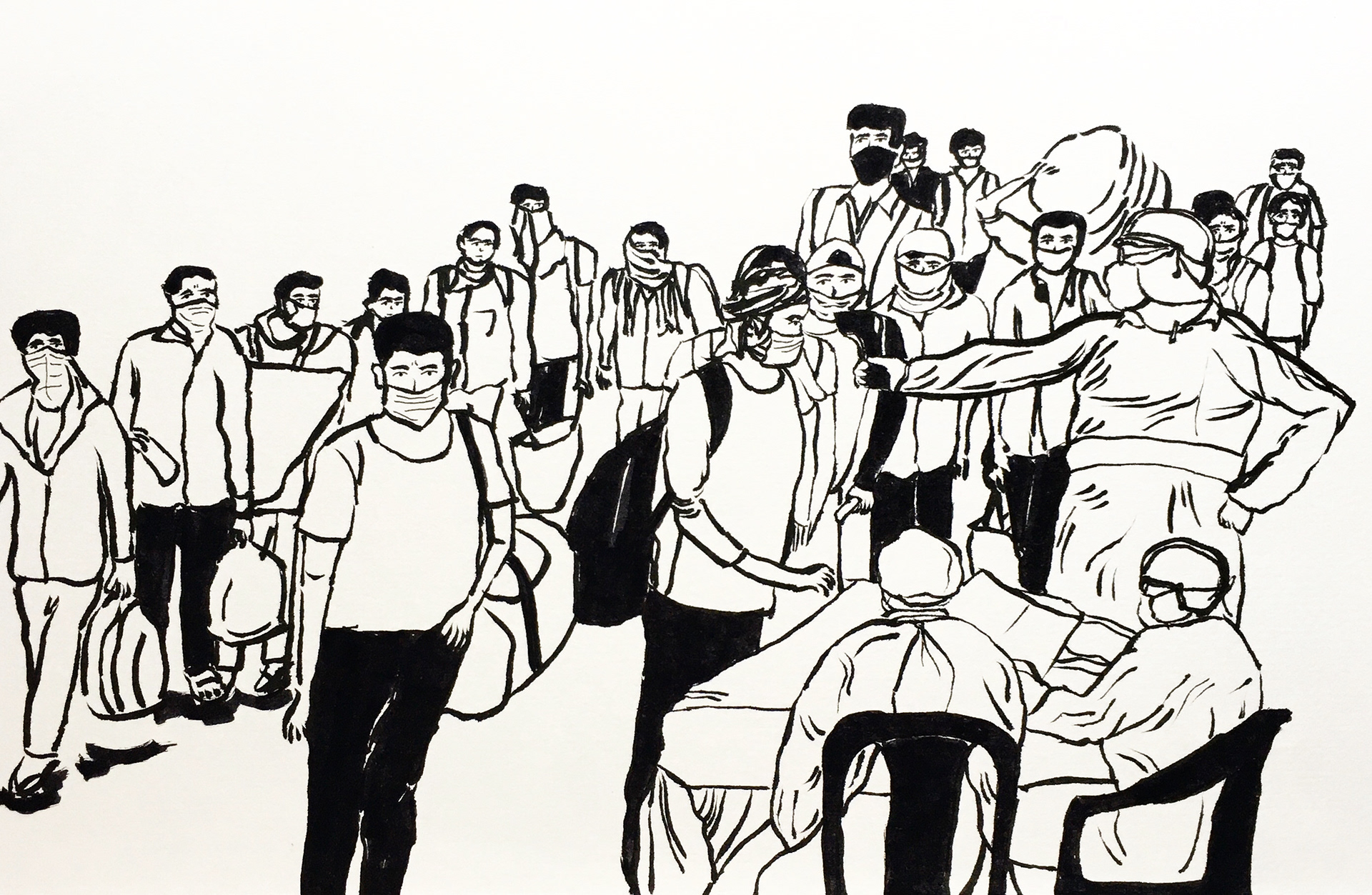 66 - Healthcare workers screen migrant workers before letting them board Shramik Special trains.  Reference image by PTI via New Indian Express, 29th May