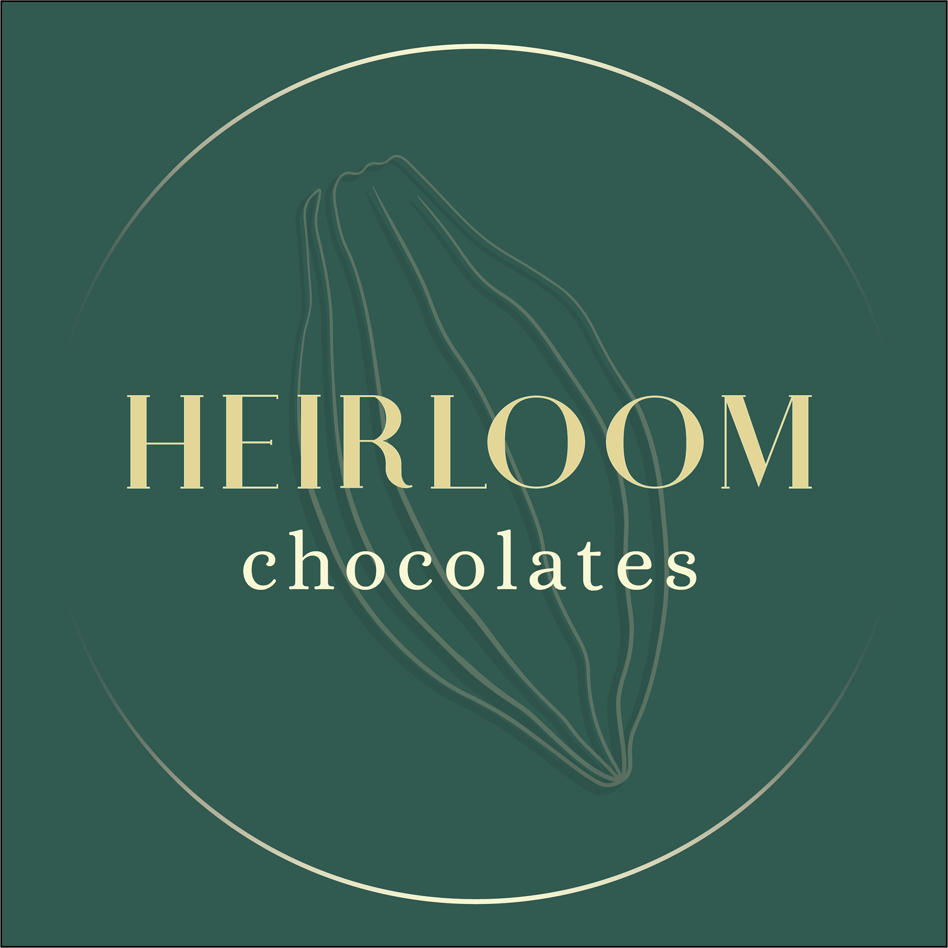 Heirloom chocolates logo. Gold text on green background.