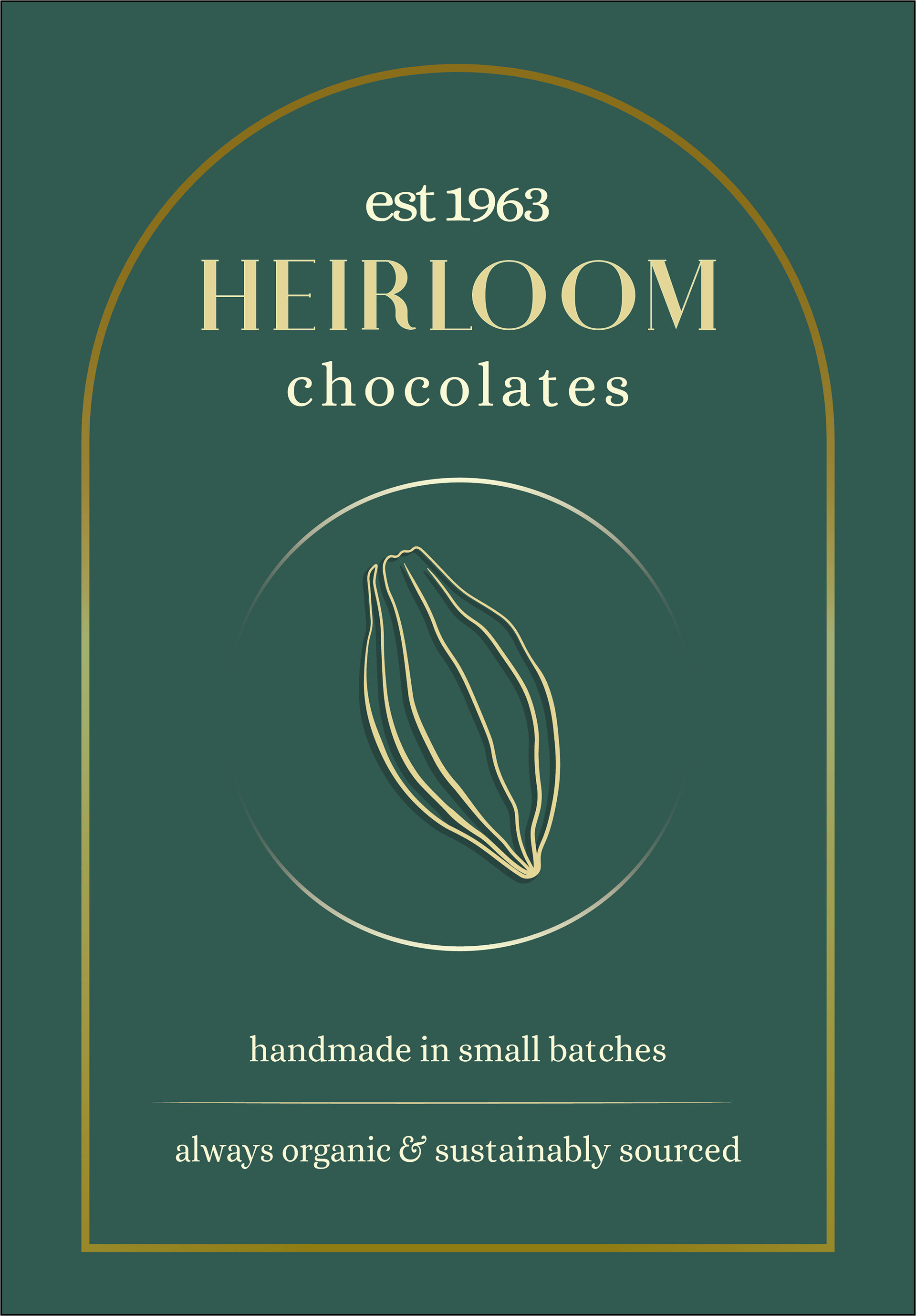 Heirloom Chocolates poster. Gold text on green background.