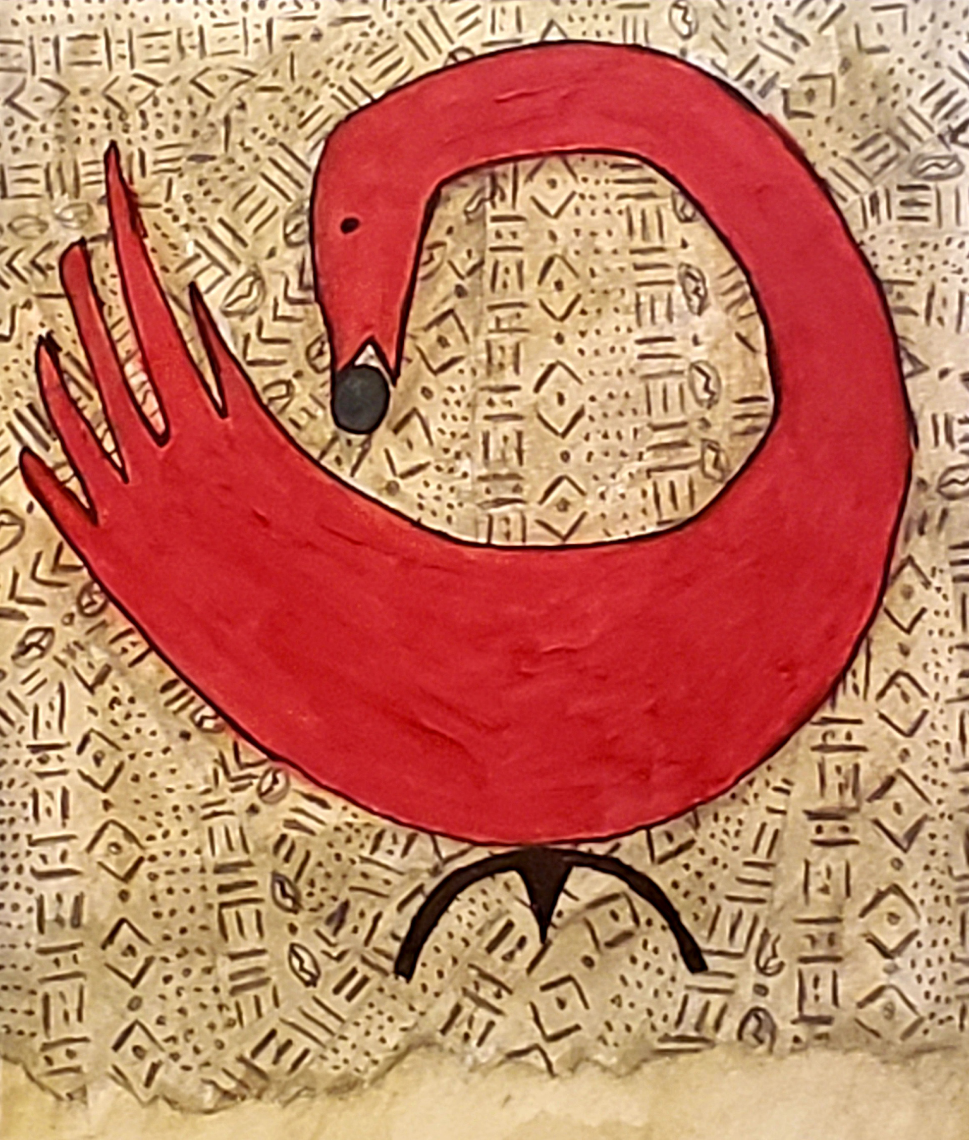 "Red Sankofa Bird" •  Mixed Media Acrylic, Watercolor and Pencil on Watercolor Paper  • 8x11 Inches 