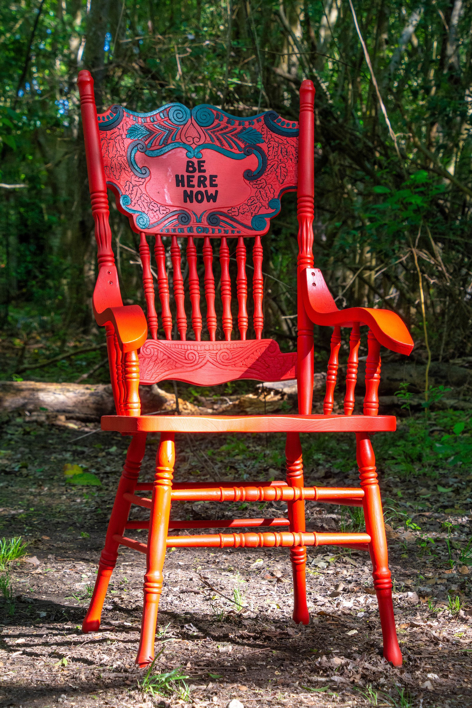“Be Here Now" • Found Chair • Spray Paint, Acrylic and Letters on Wood • 2022