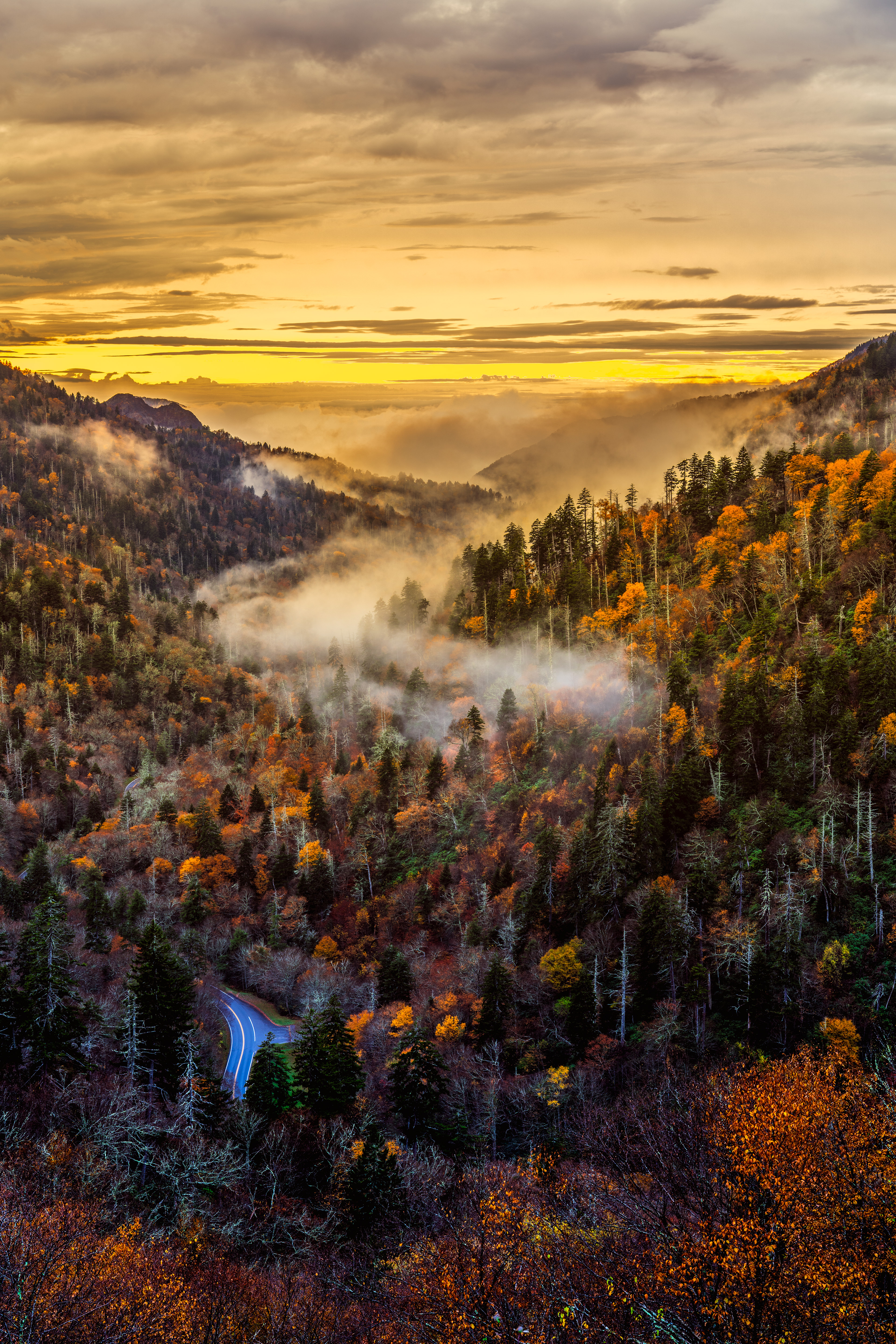 Morton Gap at fall, beautiful Smoky Mountains sunset in late October