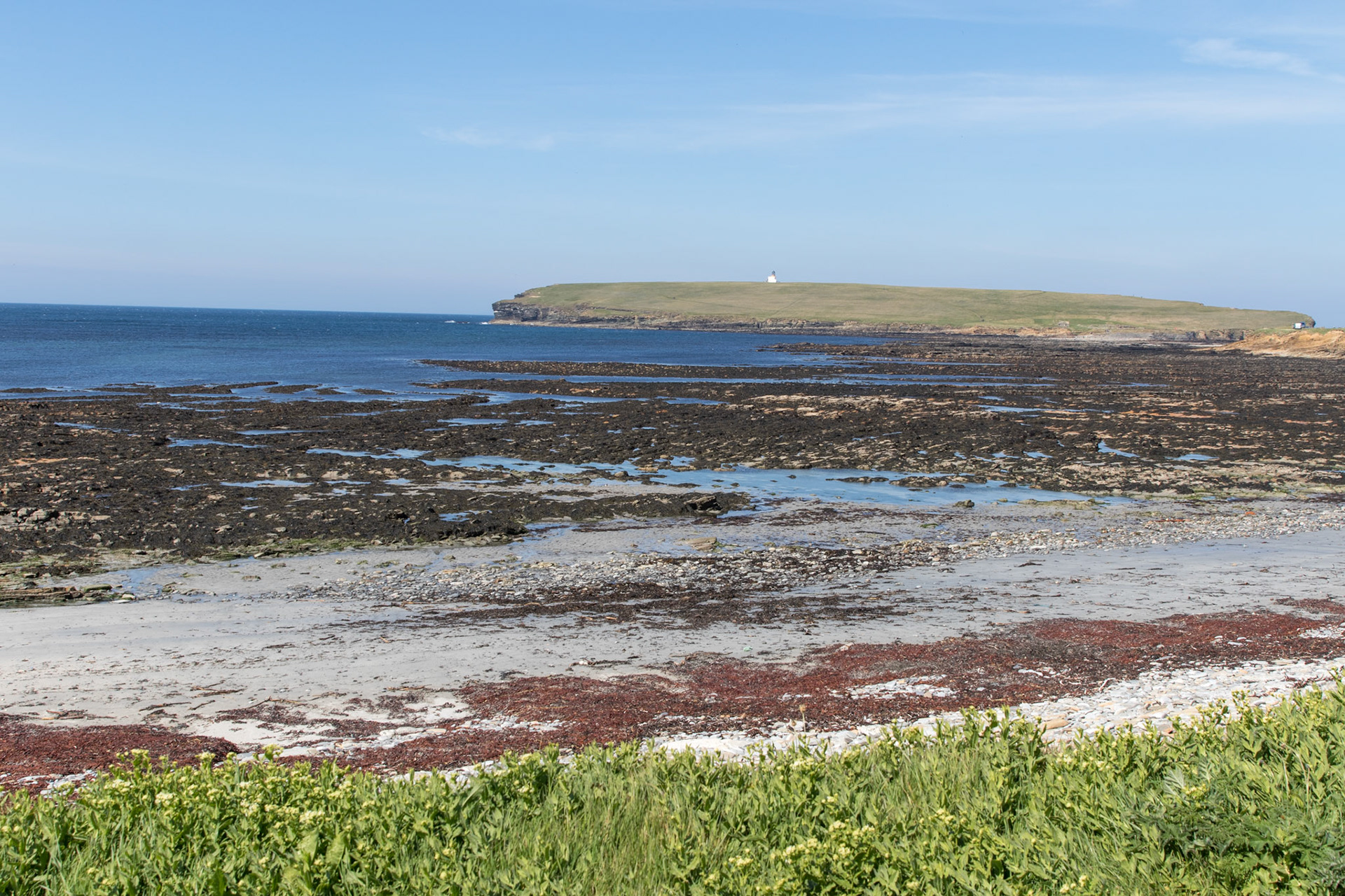 Birsay Bay with the Bourgh of Birsay lighthouse in the distance.
