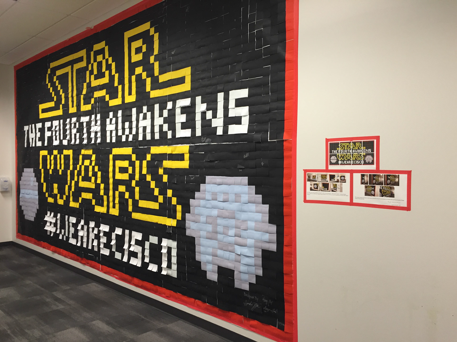 The Finished Post-It wall. Designed by me, hung by Ginger, and created by the employees of Cisco Richardson. May 4, 2016