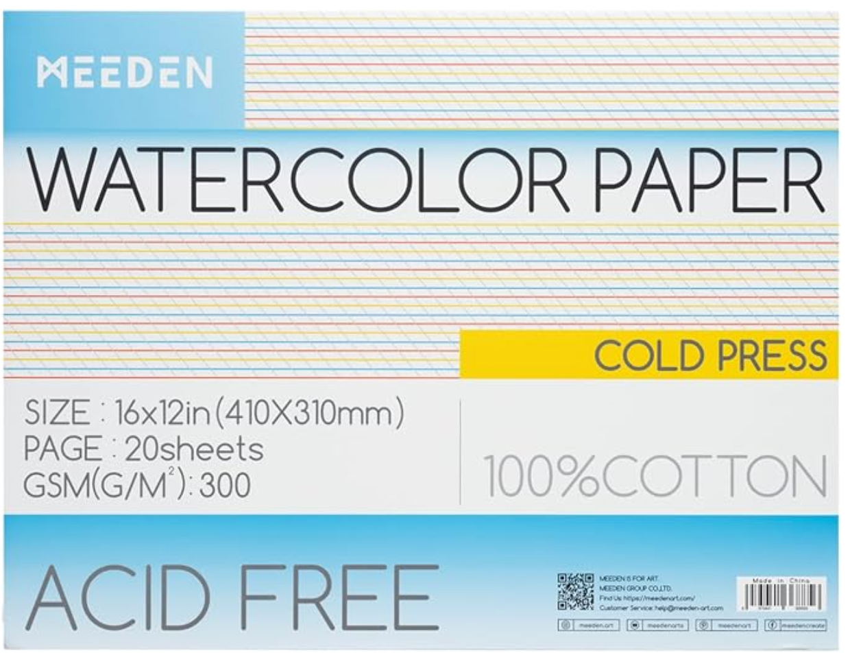 A picture of Meeden 16x12in (410x310mm), 20 sheet, 300 GSM Cold Press 100% watercolor paper with a link to amazon to purchase. 