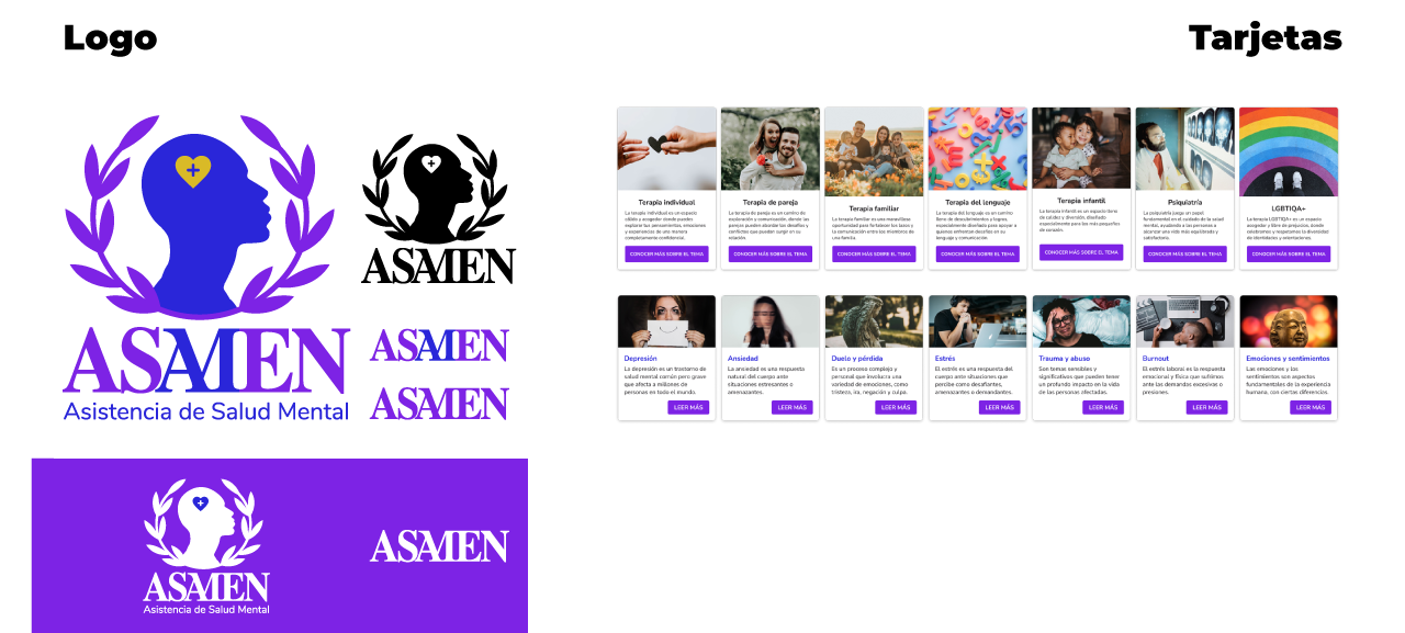 Guía de estilo que muestra el logo de ASAMEN, sus variantes y las tarjetas empleadas.