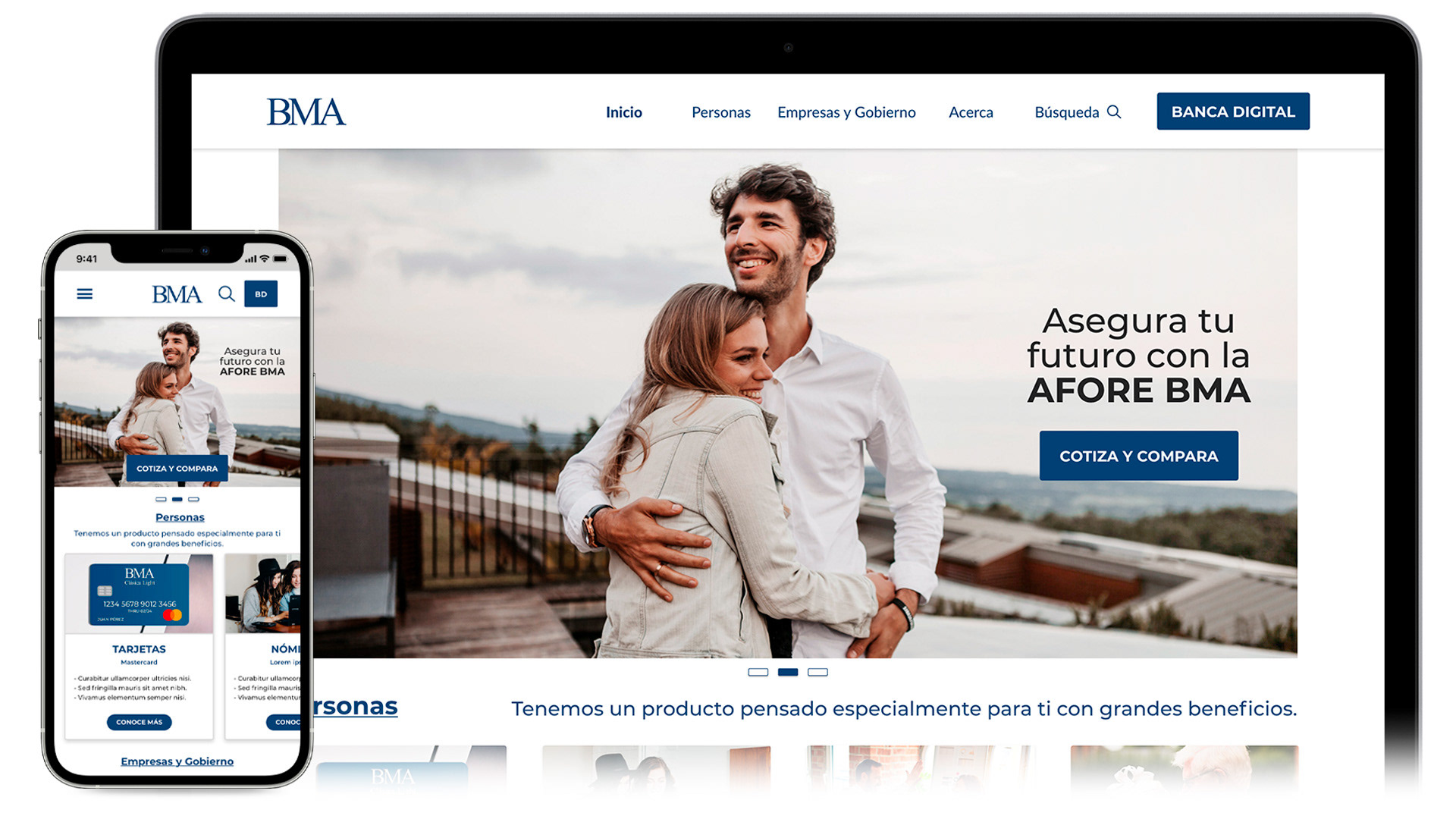 Imagen Héroe que muestra el sitio web responsivo para escritorio y teléfono del Banco Mexicano del Ahorro.