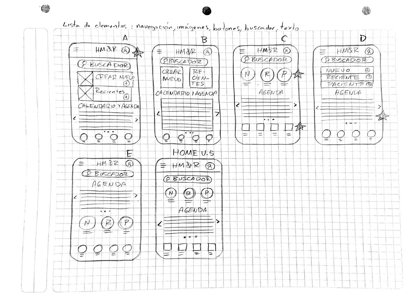 1. Proceso de wireframing de la pantalla de inicio de la aplicación.
