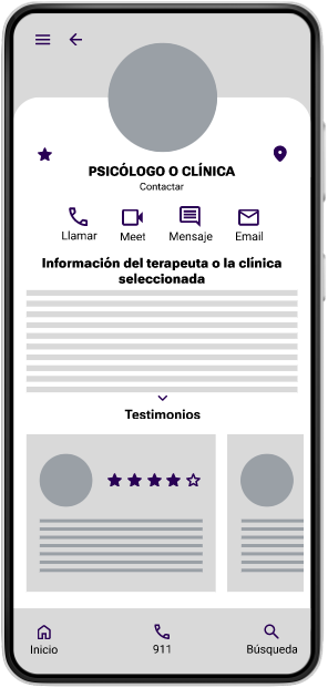 4. Pantalla de la ficha del terapeuta o clínica de atención.