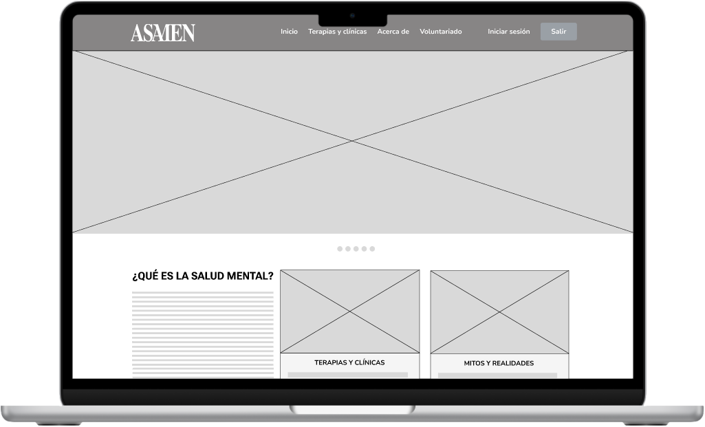 3. Wireframe digital de la pantalla de inicio del sitio web para escritorio.