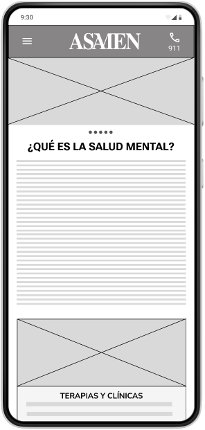 1. Wireframe digital de la pantalla de inicio del sitio web para el teléfono móvil.