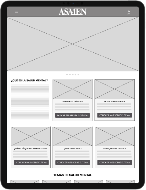 2. Wireframe digital de la pantalla de inicio del sitio web para la tableta.