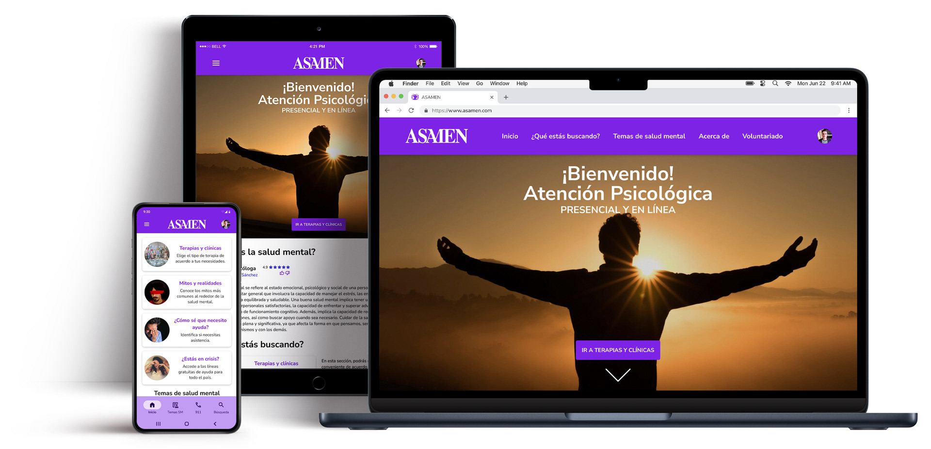 Imagen Héroe que muestra el sitio web adaptable para el Acceso a la Salud Mental (ASAMEN) y su aplicación para teléfono.