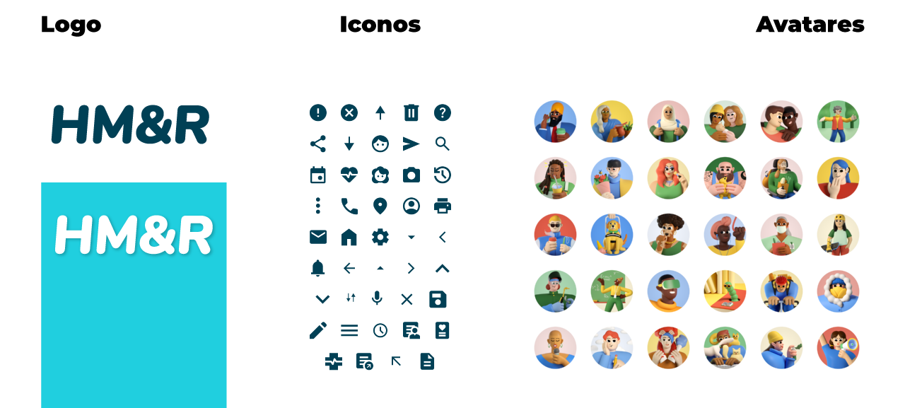 Guía de estilos que muestra el logo de la aplicación, los iconos y los avatares empleados.