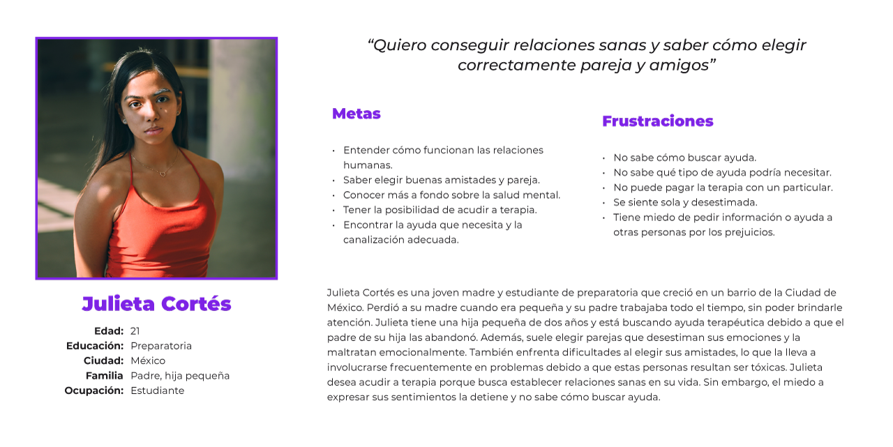 Persona: Julieta Cortés. "Quiero conseguir relaciones sanas y saber cómo elegir correctamente pareja y amigos".