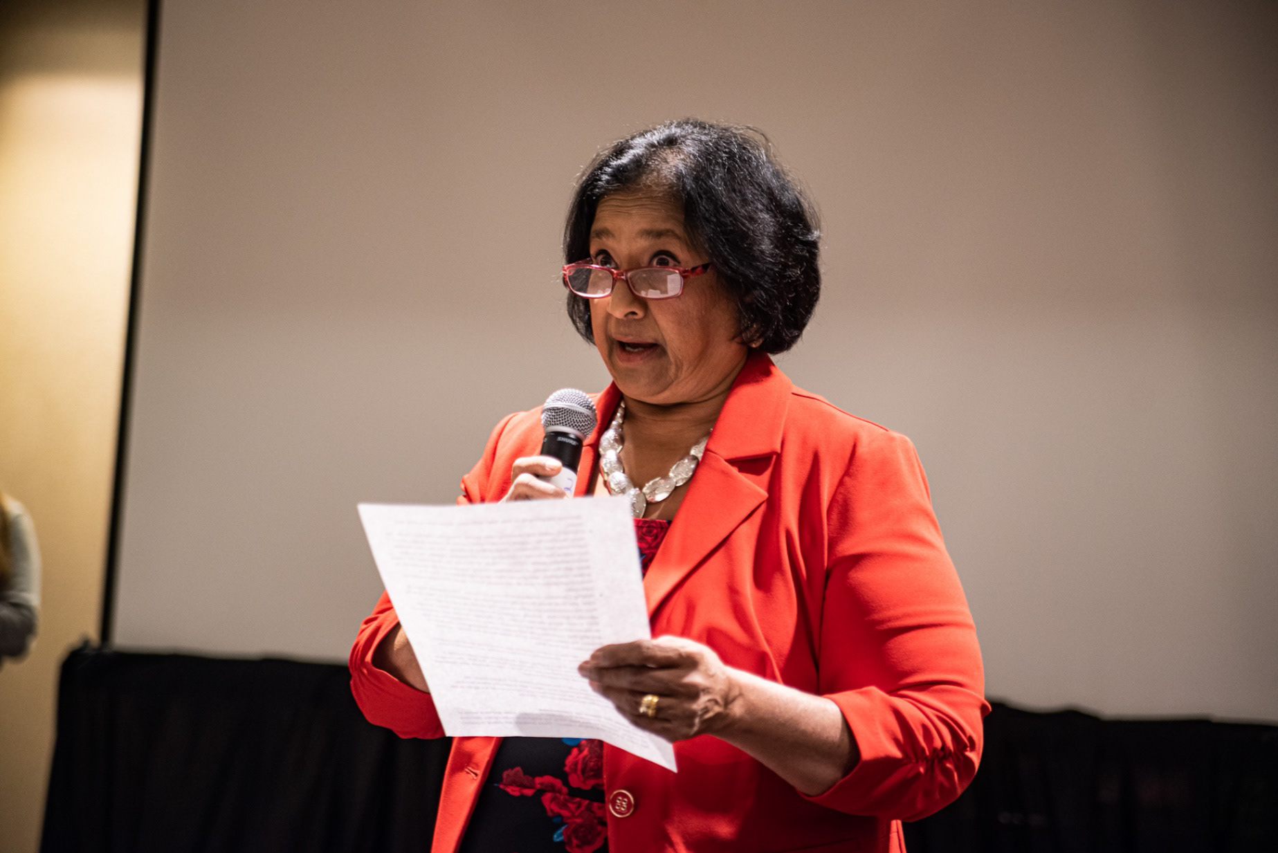 This photo shows Pinny Sheoran, president of the League of Women Voters.