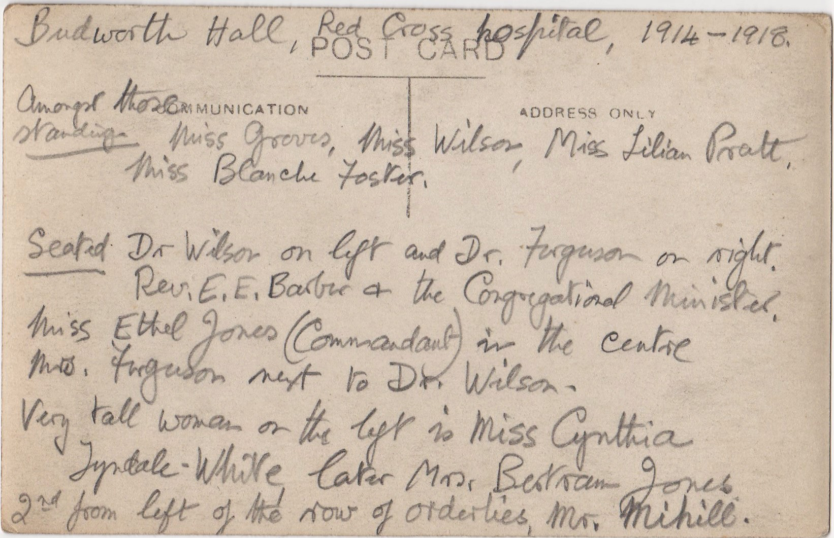 Reverse of Red Cross Hospital postcard