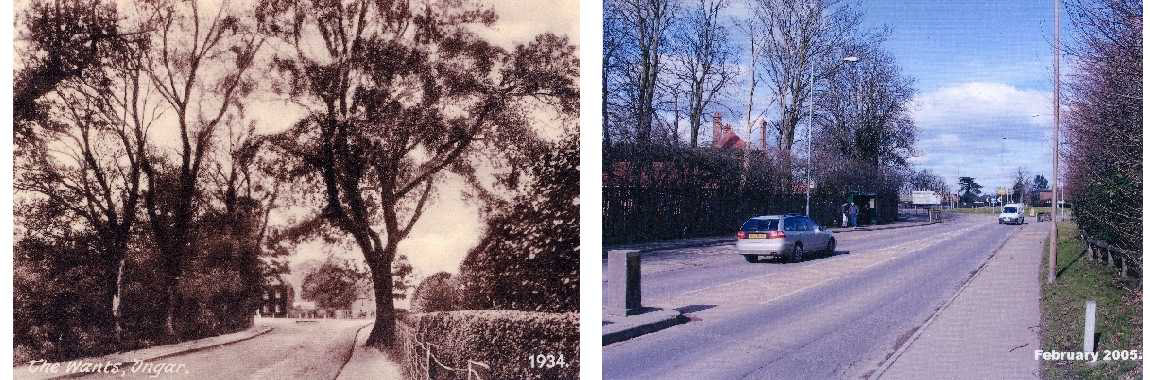 Heading up to the Four Wantz road junction in 1934 and 2005.