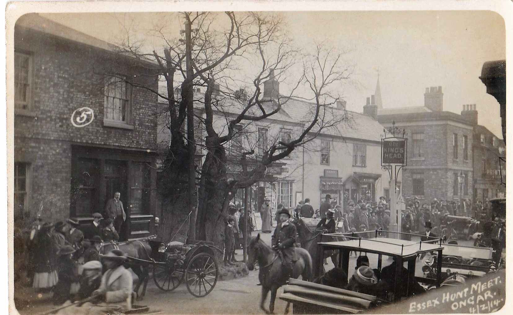 Postcard by F J Mott showing the Essex Hunt Meet at Ongar on 4 February 1914