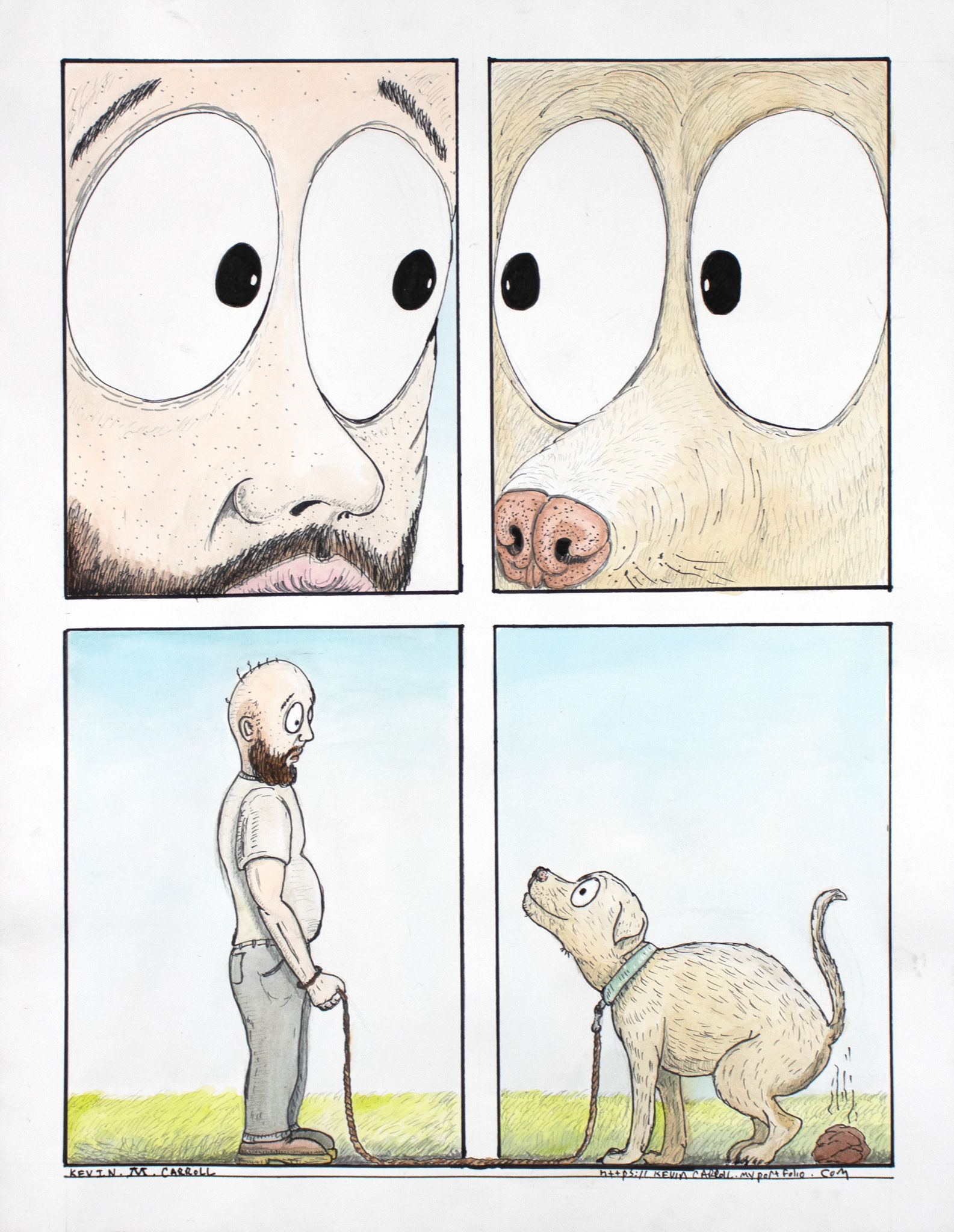 © Kevin Carroll | Dog Walk | 17” x 14” | Ink & Watercolor | 2024