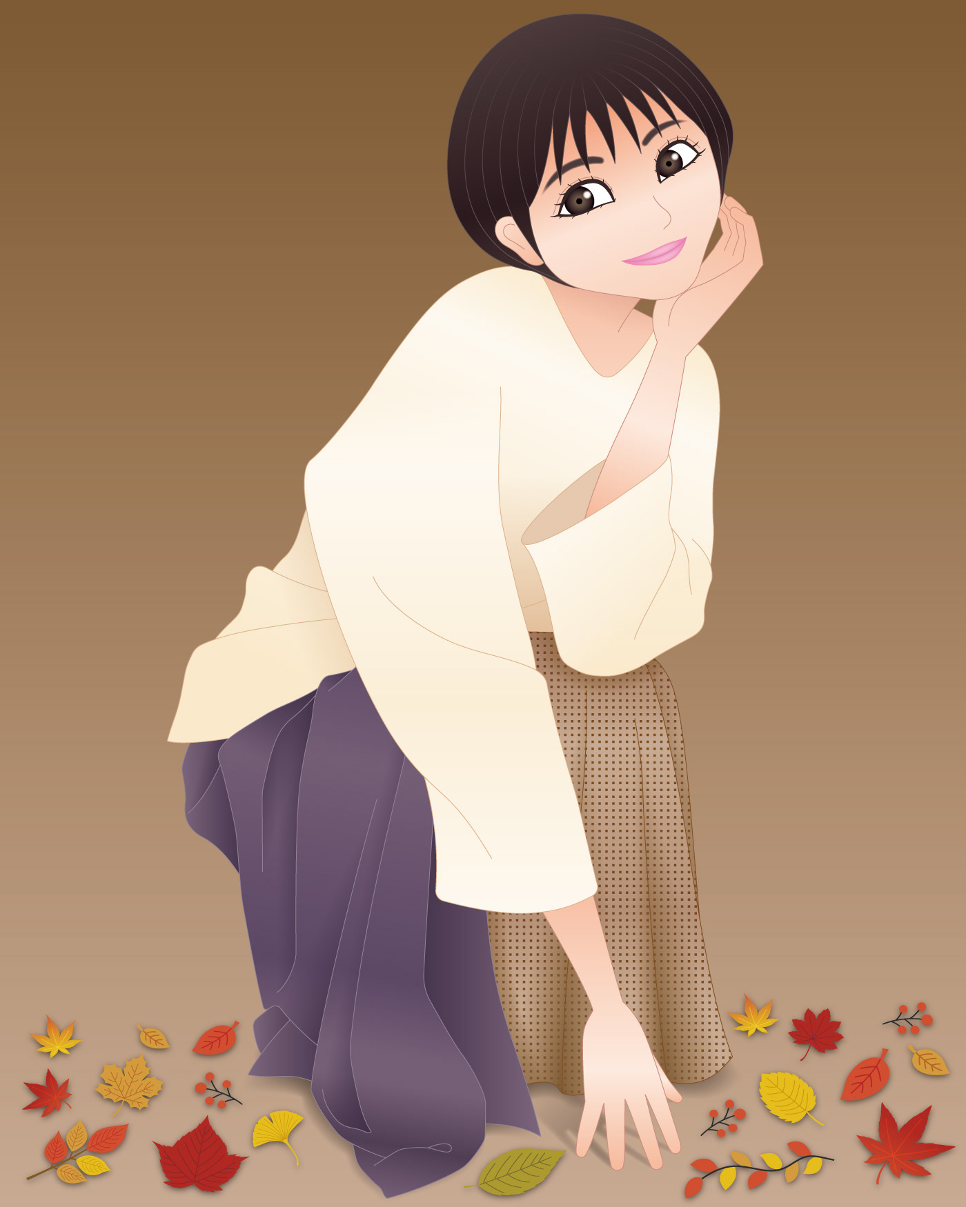 女優の浜辺美波さんが、落ち葉に囲まれてしゃがんでいるイラスト。