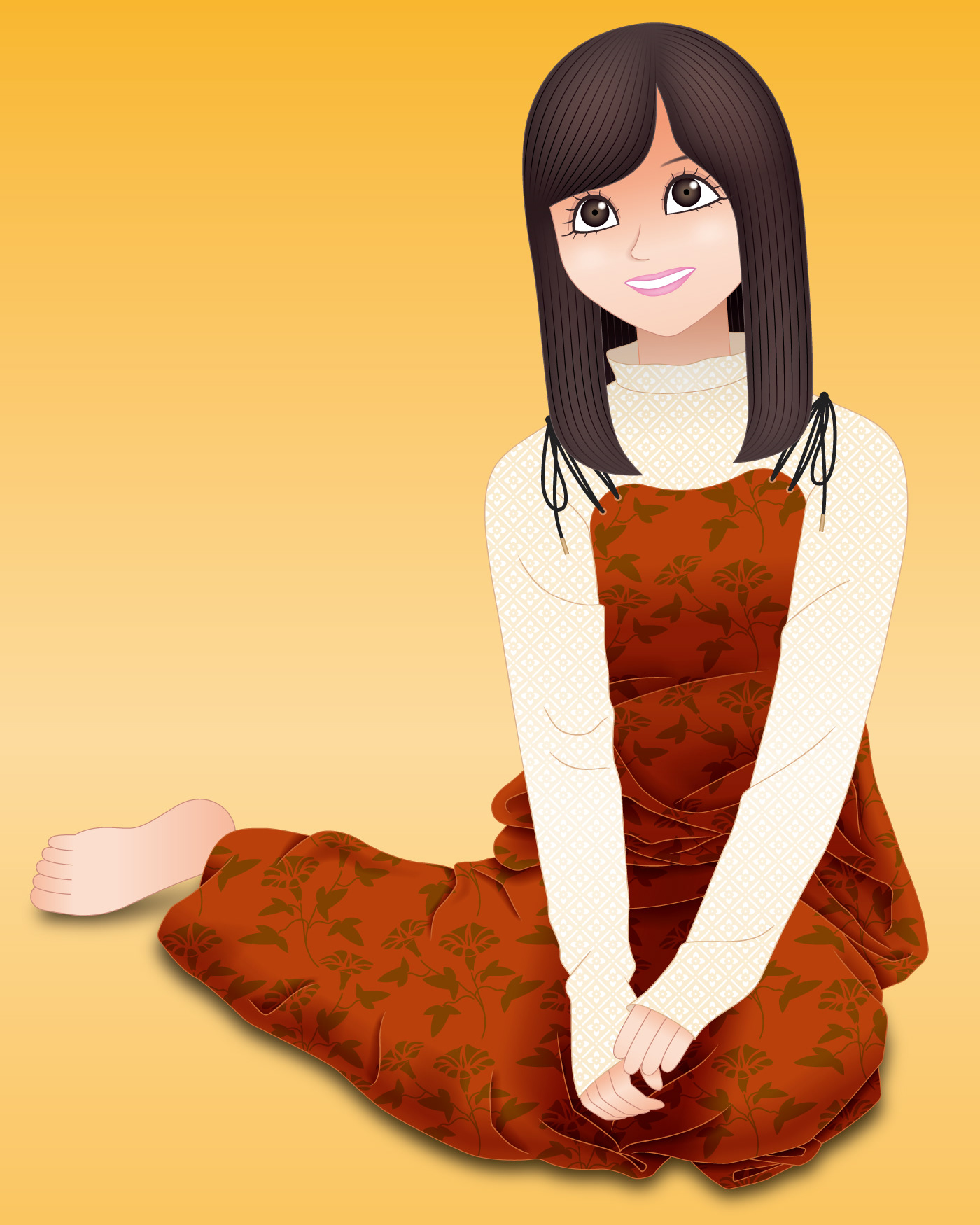 女優の橋本環奈さんが、横座りで上目遣いのイラスト。