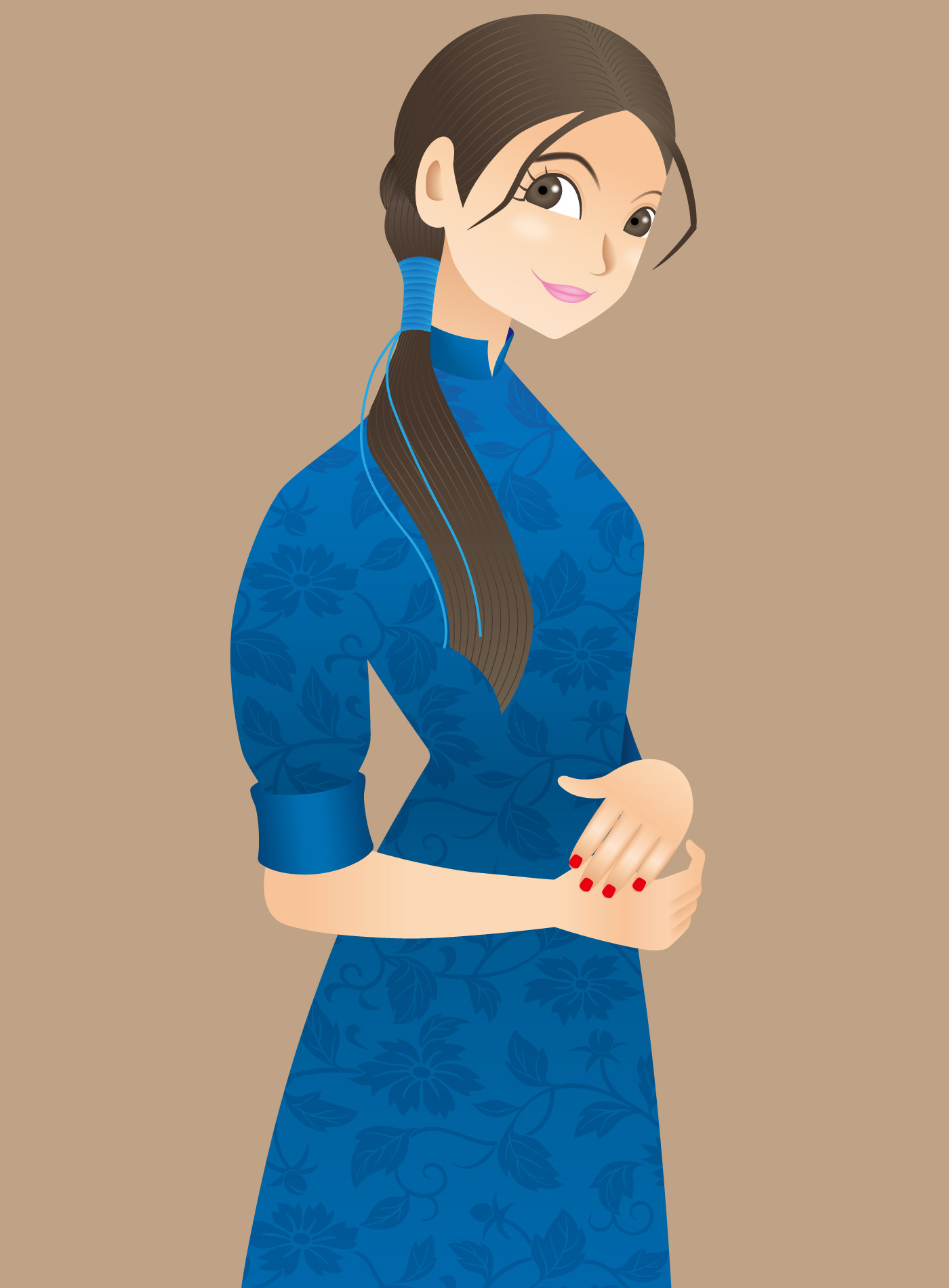 エスニック系ドレス(アオザイかチャイナドレス)を着た今田美桜さんのイラスト。