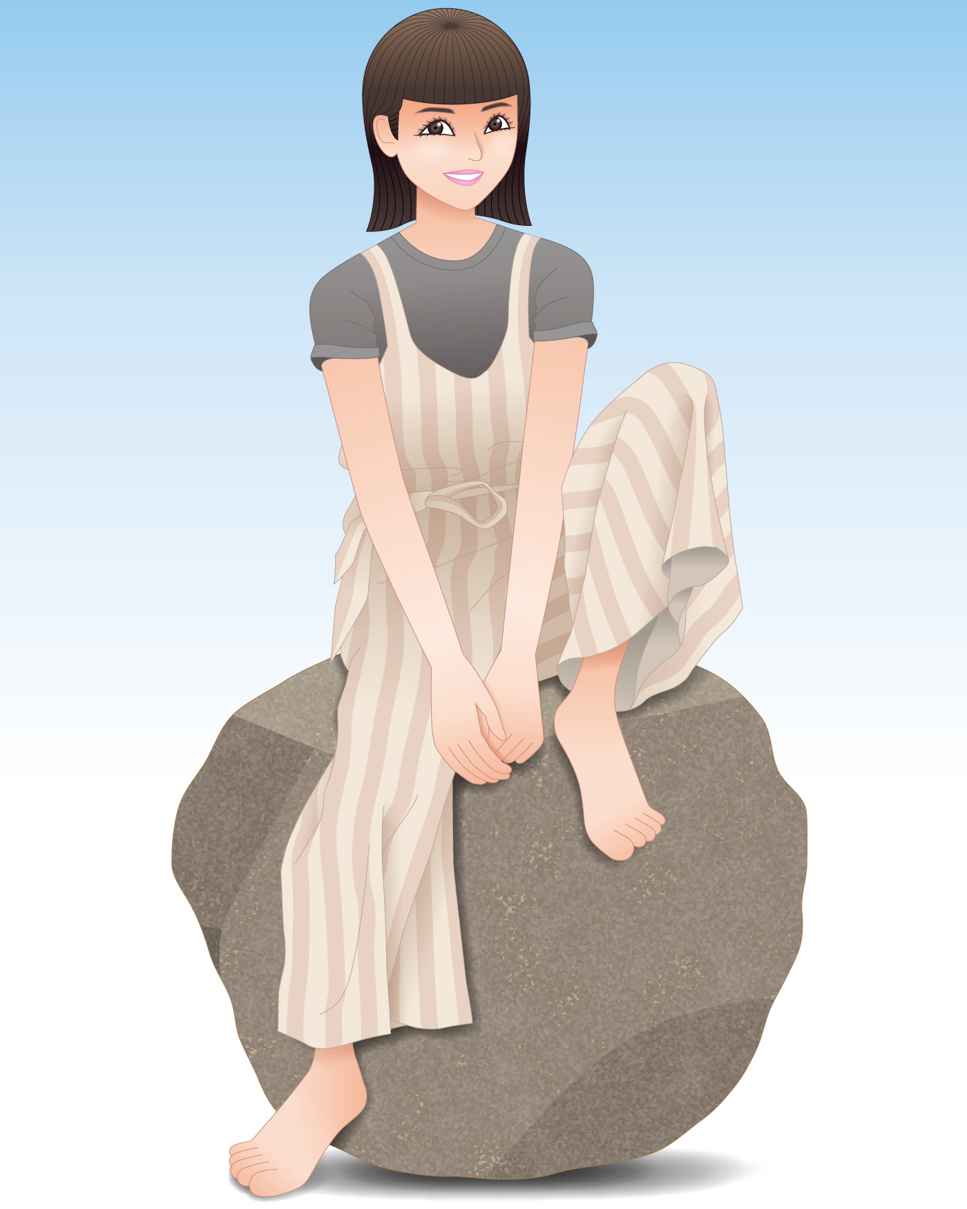 女優の清野菜名さんが、大きな石の上に左足を立て膝にして座っているイラスト。