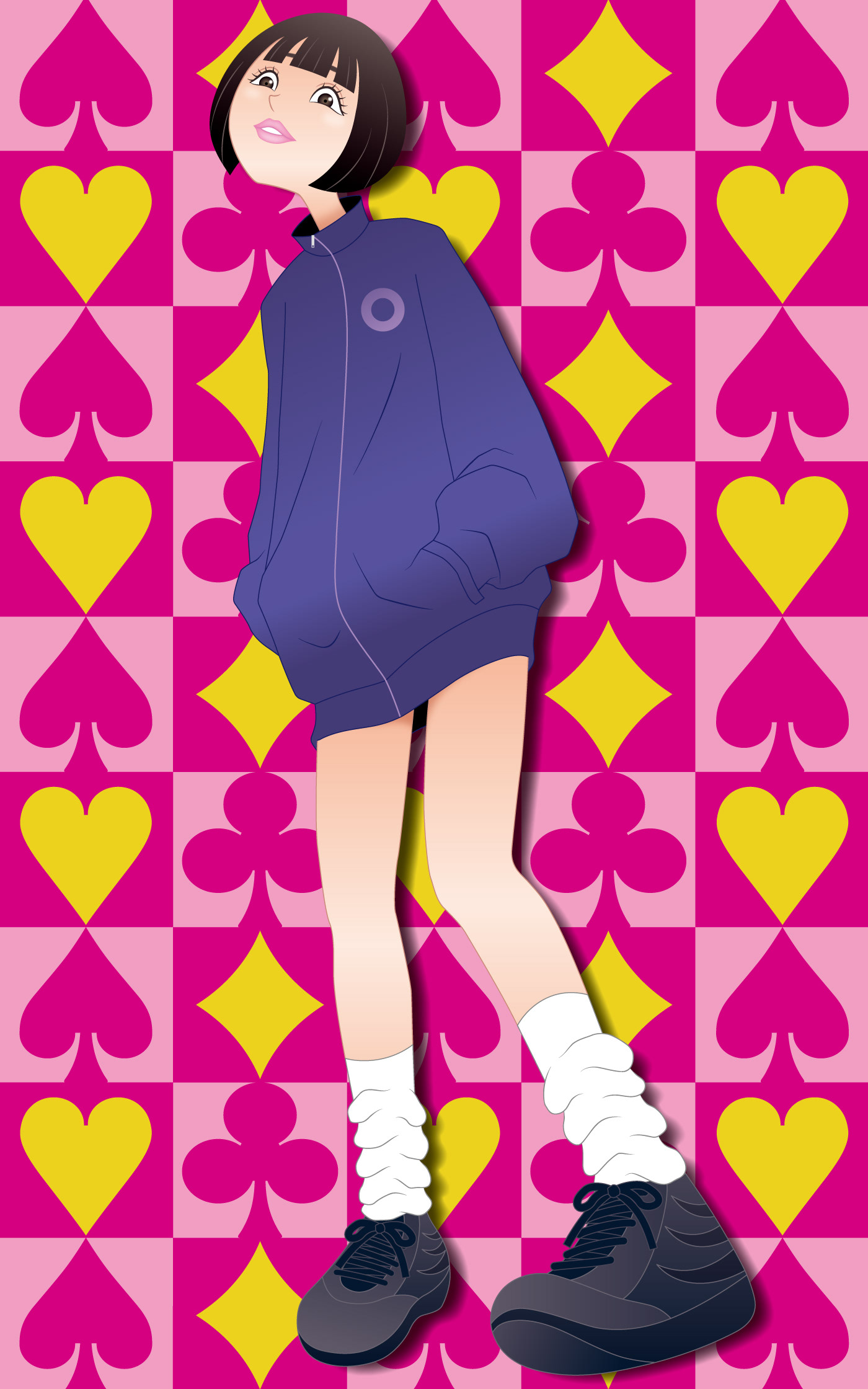 ジャージとスニーカーとルーズソックスのあのちゃんが、ポケットに手を入れて立っているイラスト。