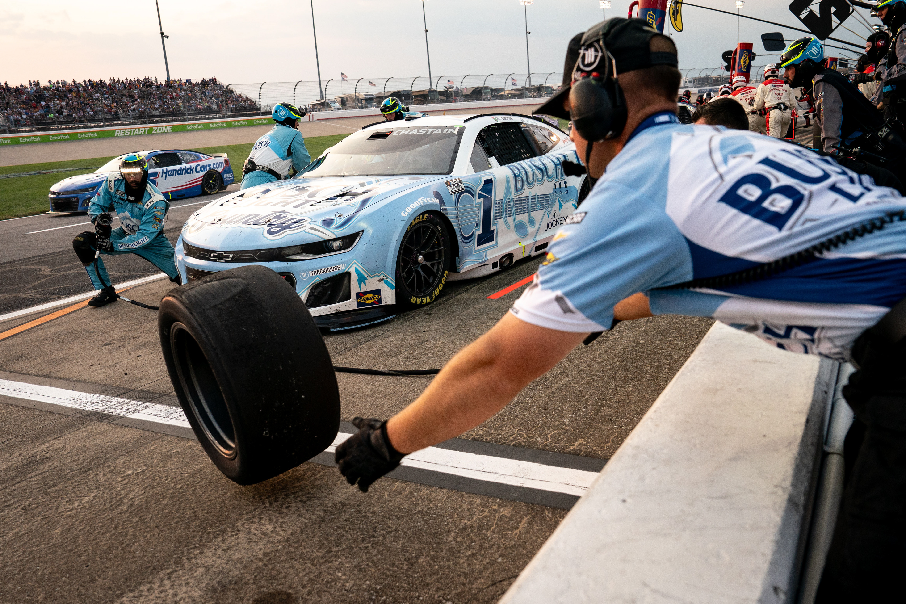 NASCAR Cup Series driver Ross Chastain (1) pits during the Cracker Barrel 400 at The Nashville Superspeedway in Lebanon, Tenn., Sunday, June 1, 2025. 