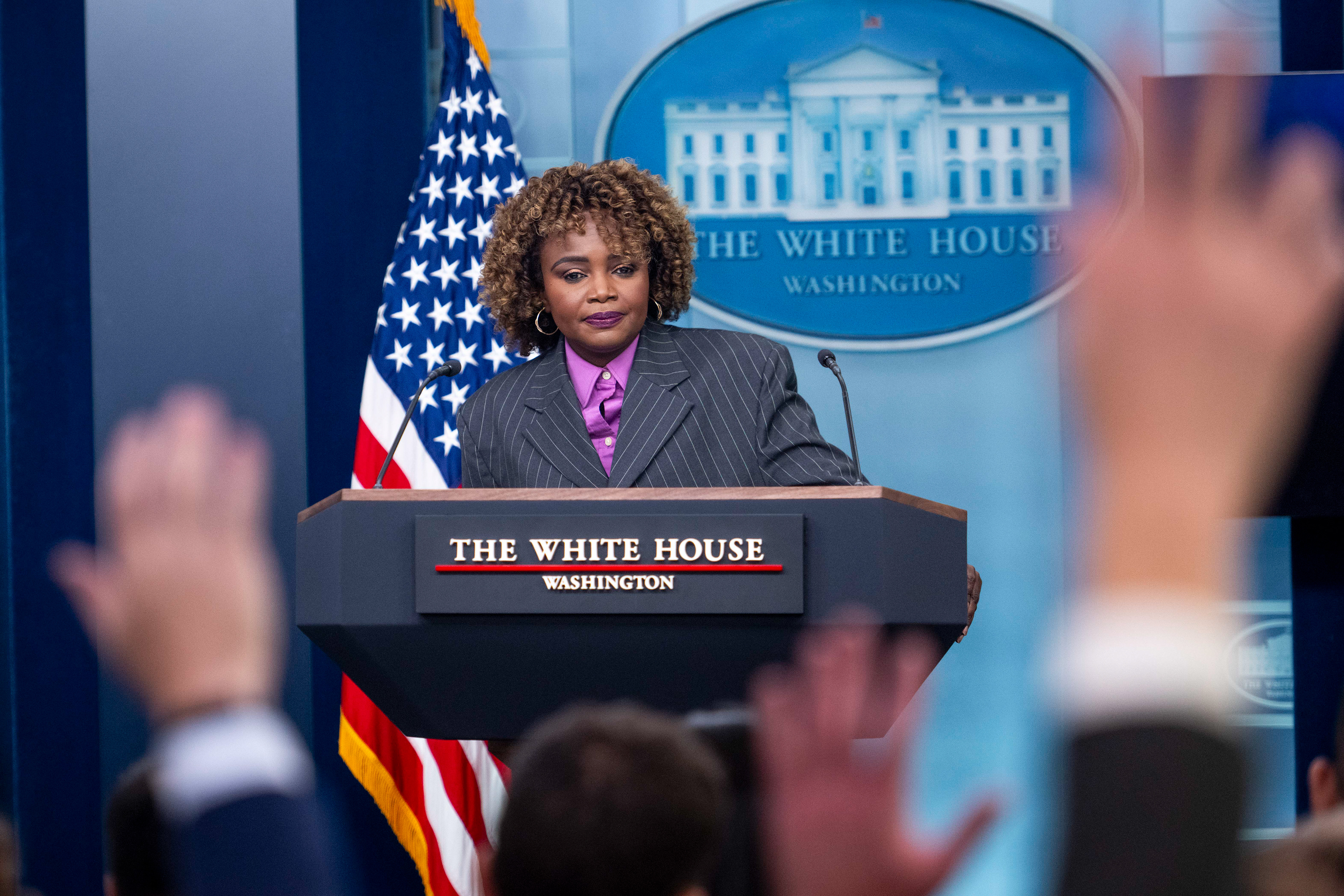 White House press secretary Karine Jean-Pierre speaks with the press during a daily briefing at the White House in Washington, Monday, Oct. 7, 2024. 