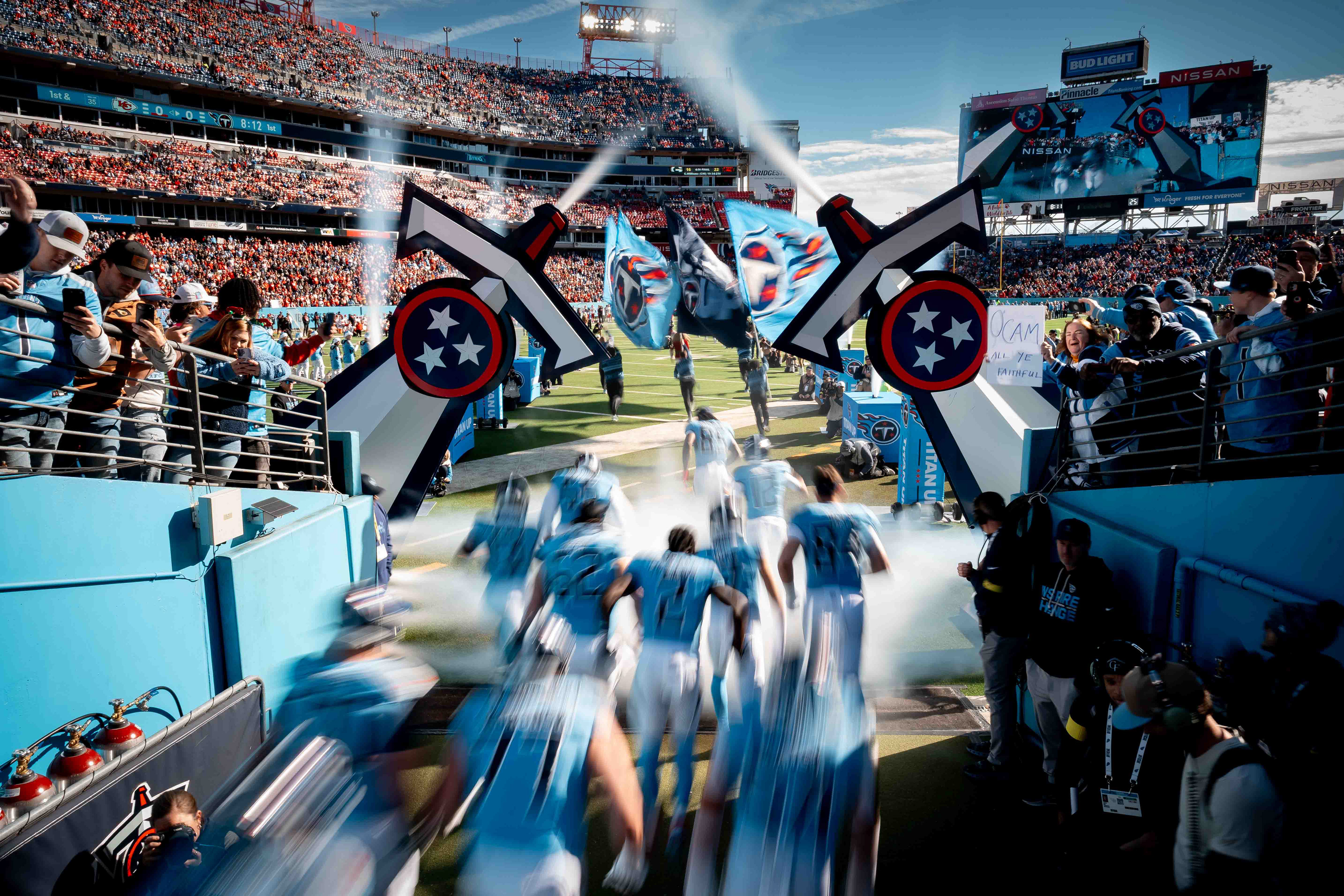 The Tennessee Titans take the field before an NFL game against the Kansas City Chiefs at Nissan Stadium in Nashville, Tenn., Sunday, Dec. 21, 2025. 