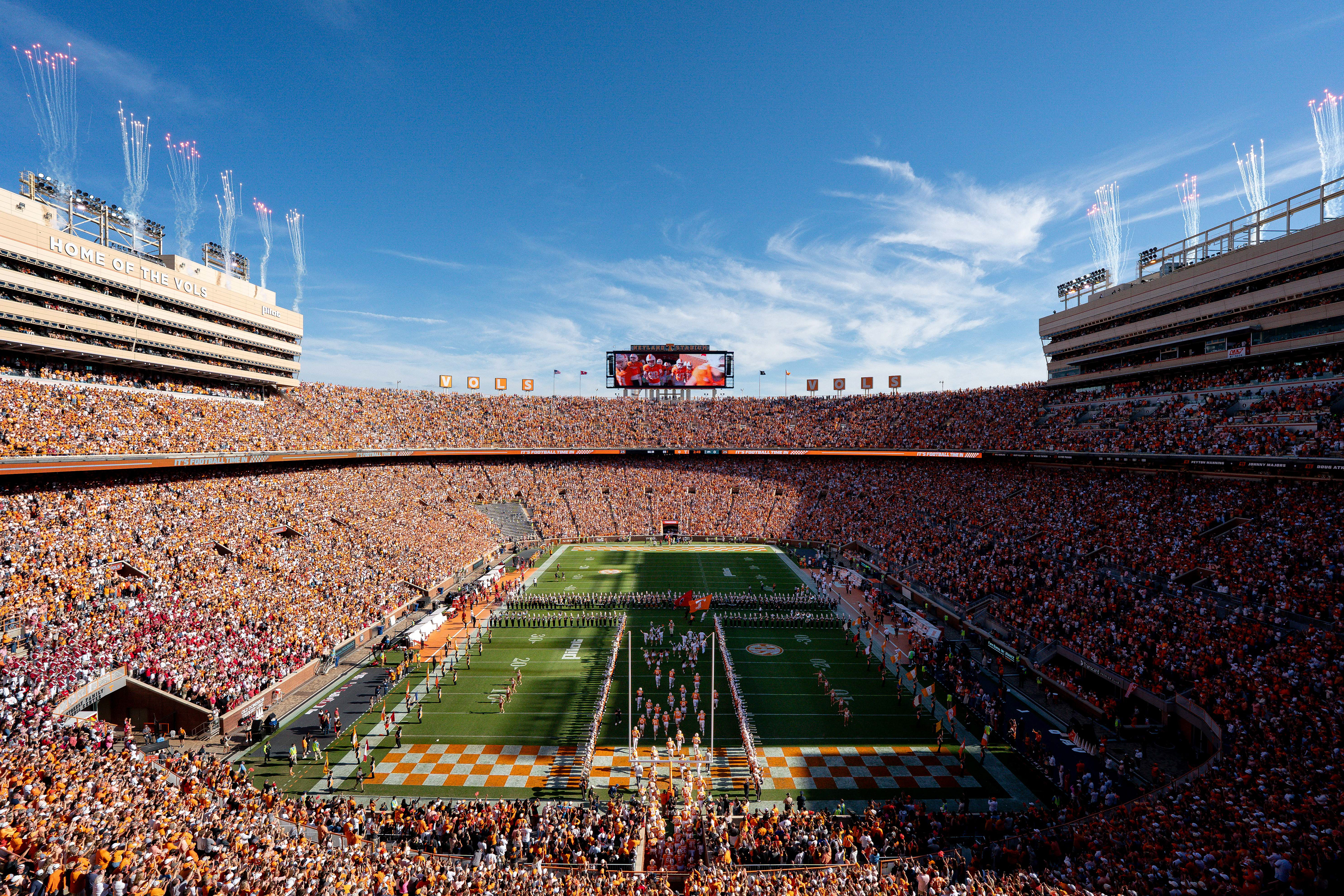 Tennessee takes to the field before their game against Arkansas at Neyland Stadium in Knoxville, Tenn., Saturday, Oct. 11, 2025.