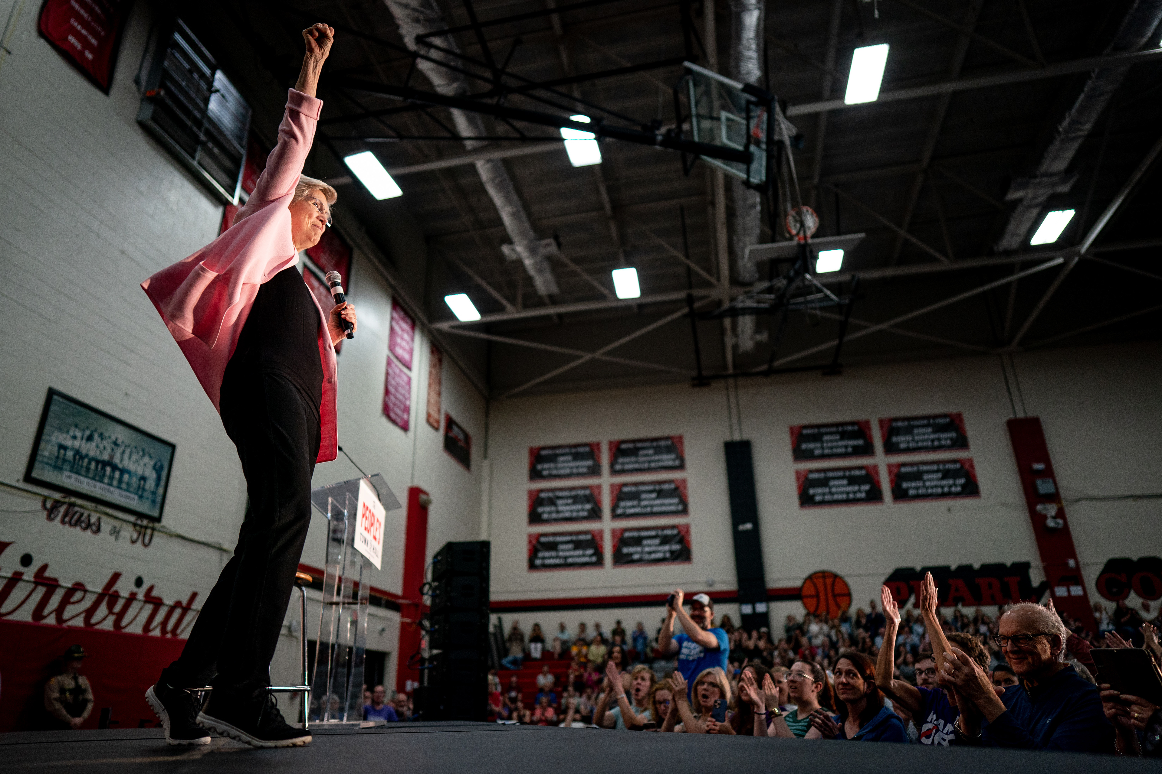 U.S. Sen. Elizabeth Warren, D-Mass., pumps her fist during the People’s Town Hall event at Pearl-Cohn High School in Nashville, Tenn., Saturday, April 5, 2025.
