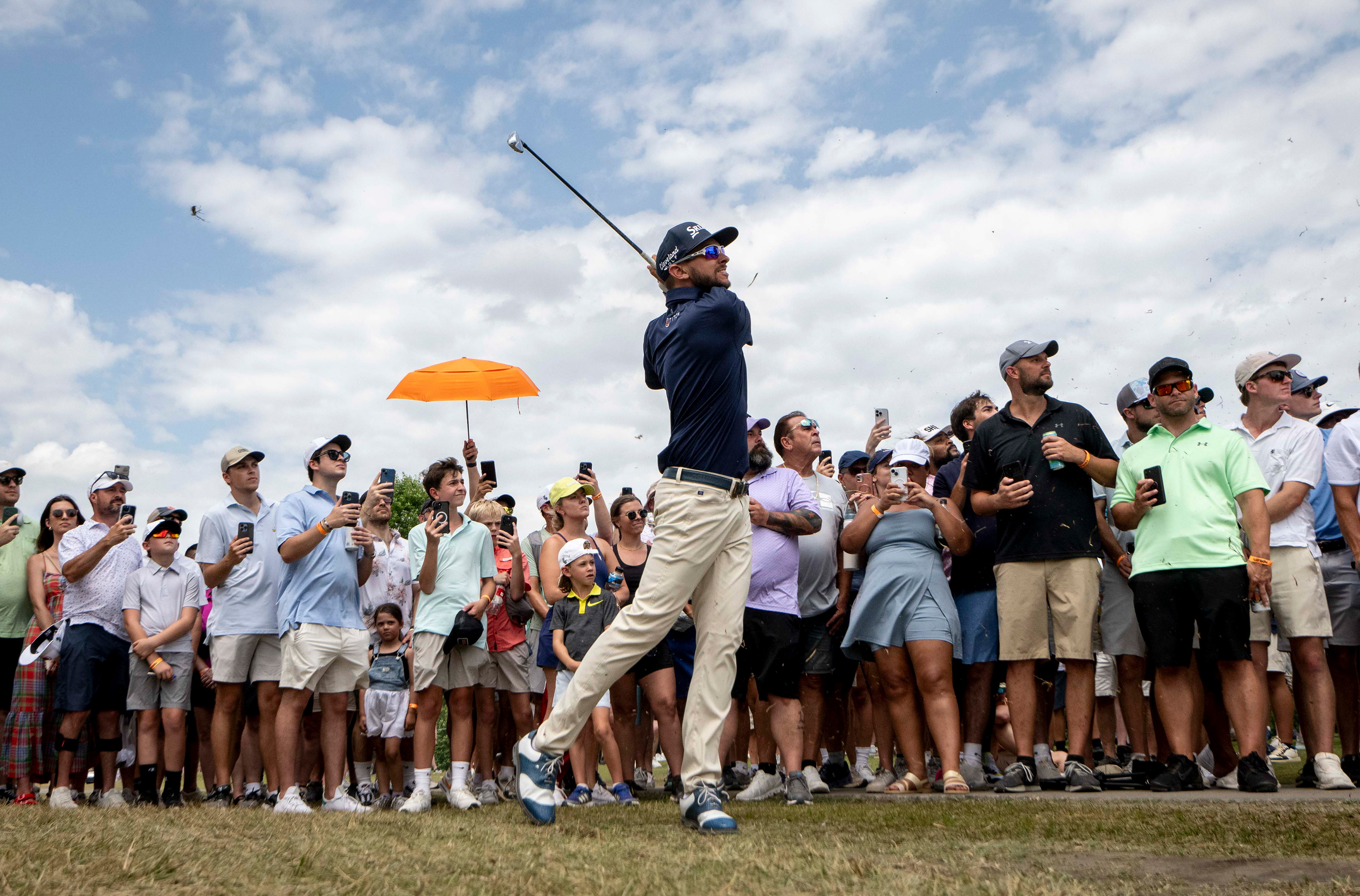 John Catlin hits out of the crowd on the final day of the LIV Golf Nashville Tournament at The Grove in College Grove, Tenn., Sunday, June 23, 2024.