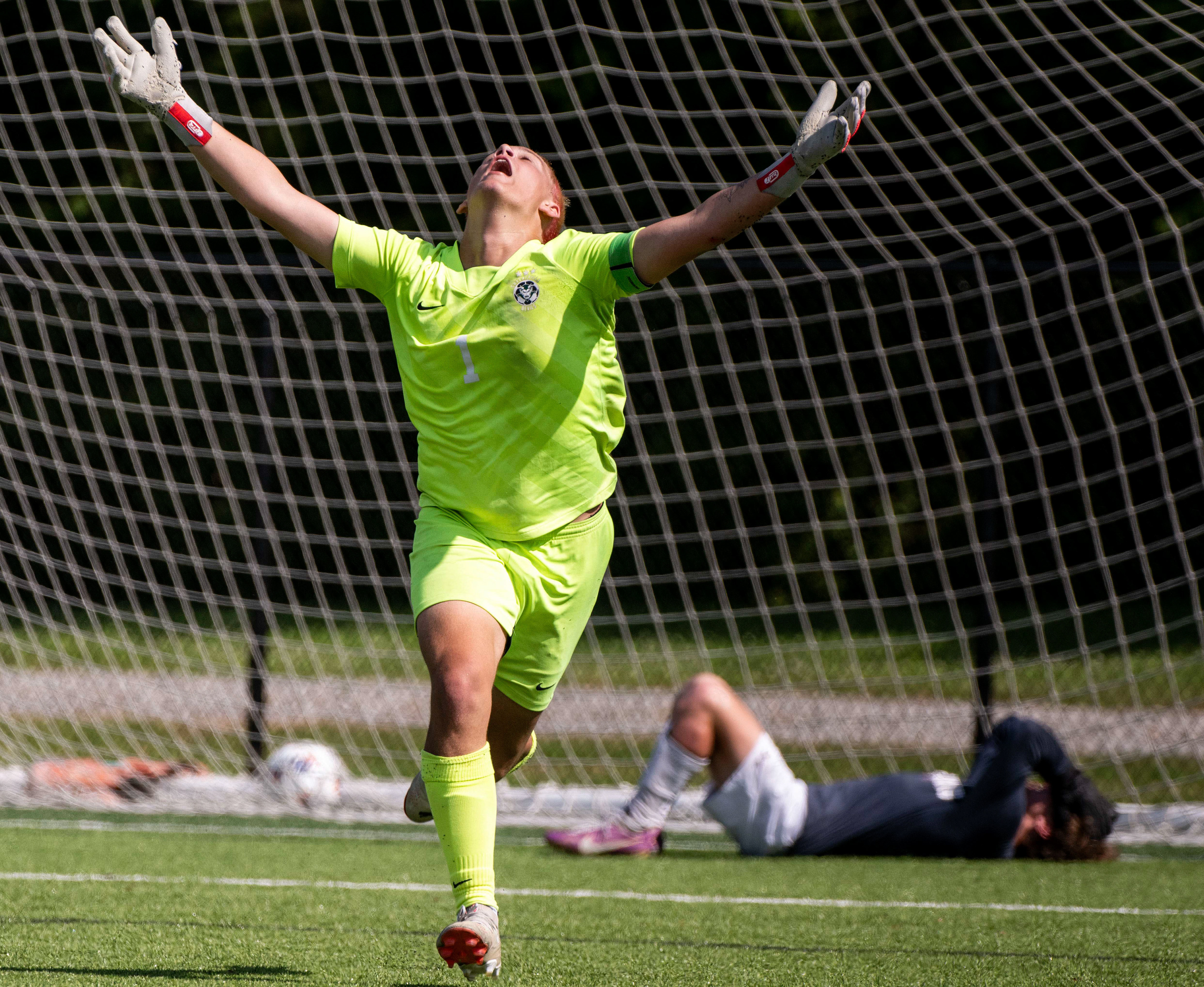 Greenville’s Tanner Myers (1) reacts after scoring a goal on Alcoa in penalty kicks to win the game at the Richard Siegel Soccer Complex in Murfreesboro, Tenn., Tuesday, May 21, 2024. Greenville won 2-1.