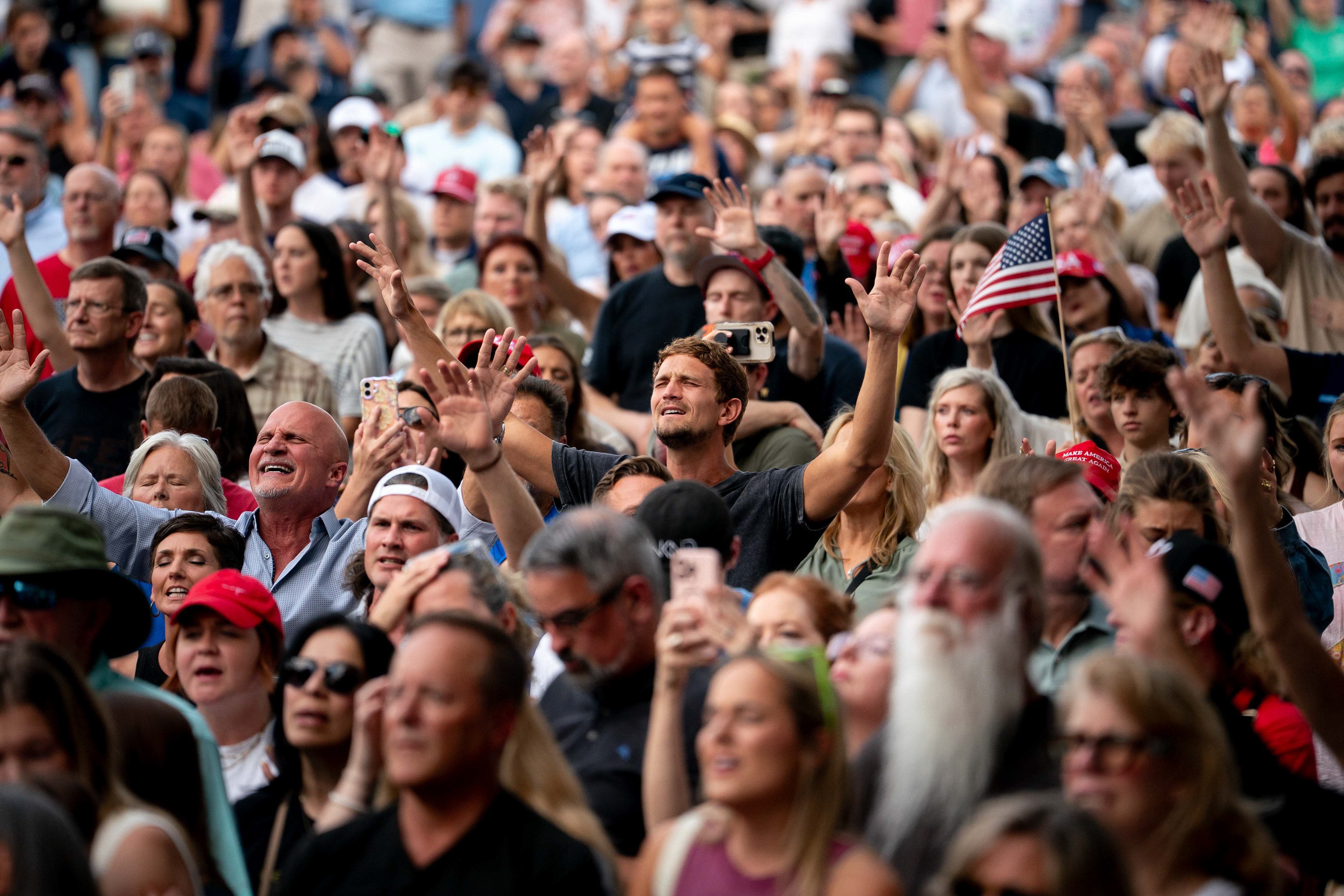 Thousands attend a prayer vigil in Franklin, Tenn., on Sunday, Sept. 14, 2025. The vigil was held in response to the death of Charlie Kirk, who was shot and killed while speaking at one of his events at Utah Valley University in Orem, Utah, on Sept. 10.
