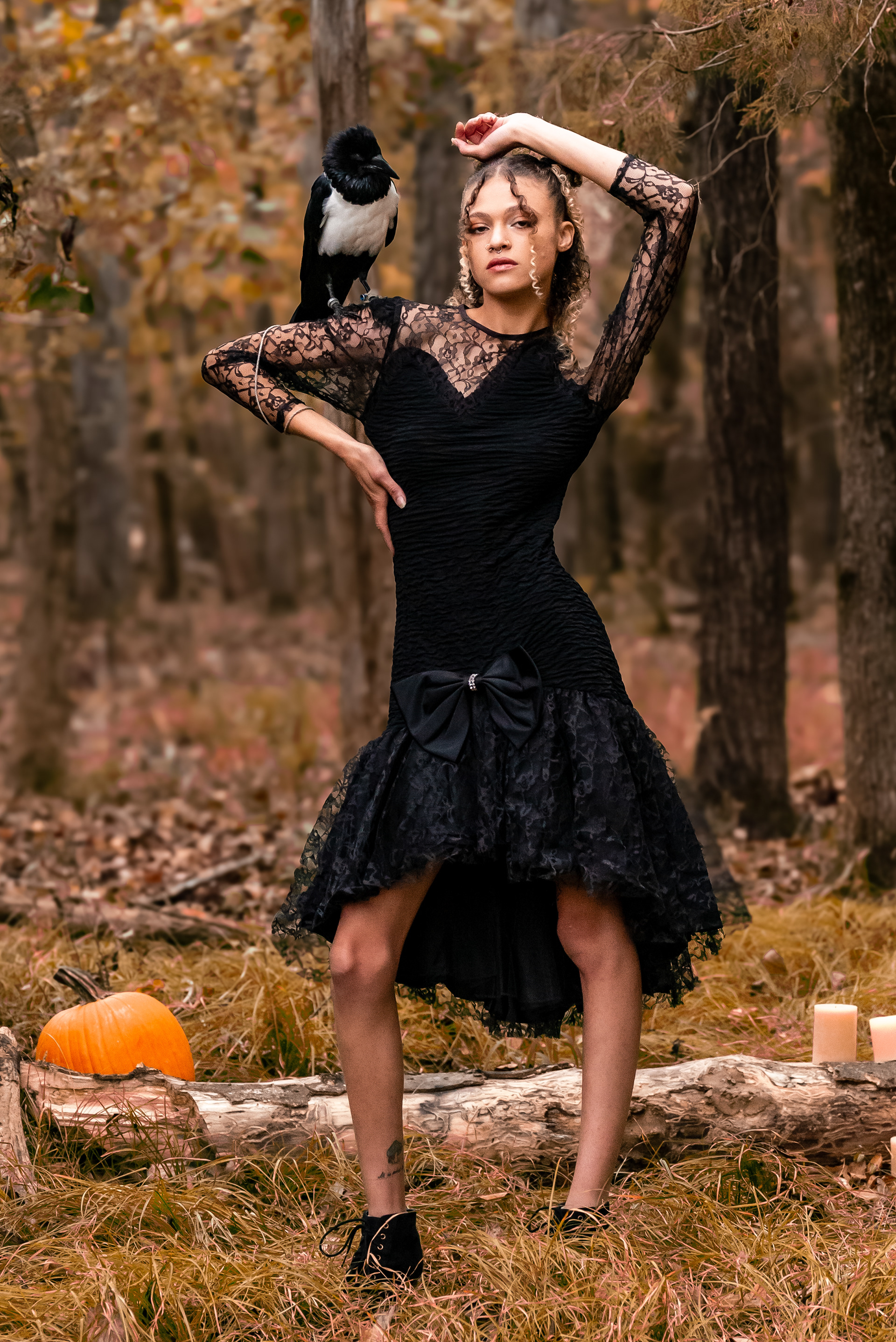 Senior portrait of a girl in a woodland setting, featuring a high-low black lace dress, a perched bird on outstretched arm, and autumnal props like pumpkins and candles—capturing a sense of mystery and transformation.