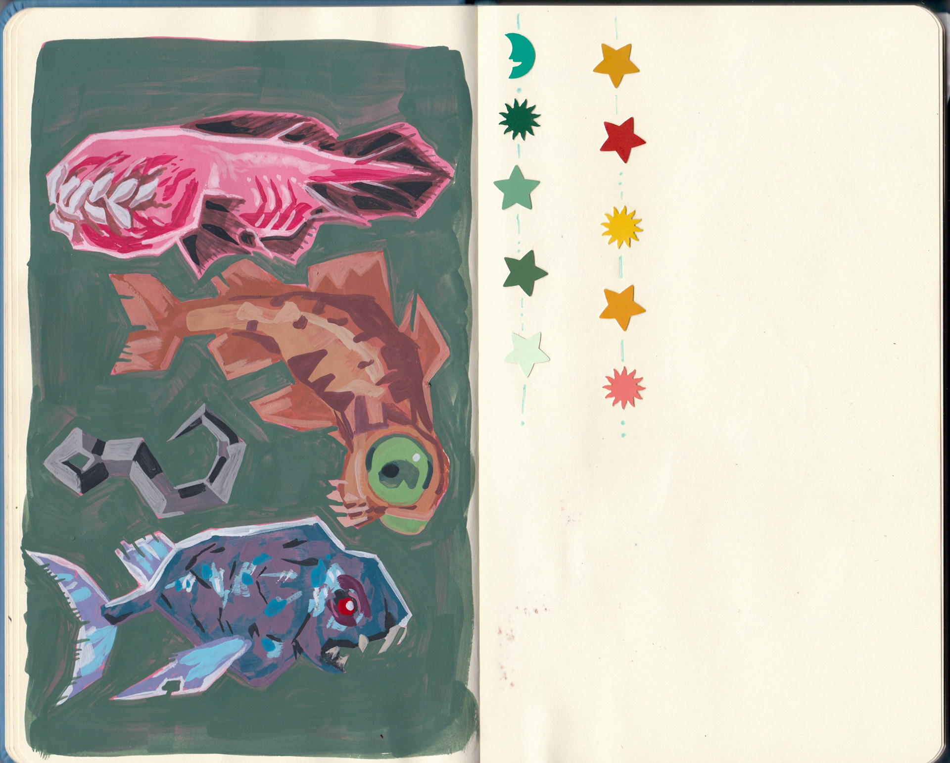 gouache, inspired by the videogame Dredge | glued-in stamps of paint samples