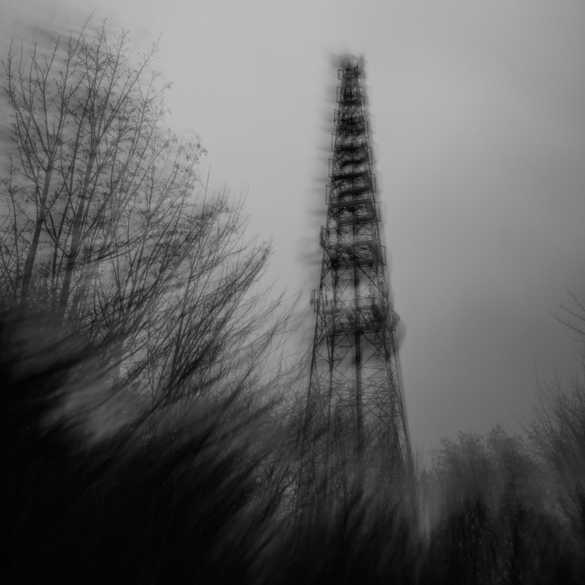 Black and white photo of a tall metal radio tower rising above leafless trees, captured with motion blur in a foggy, eerie landscape.