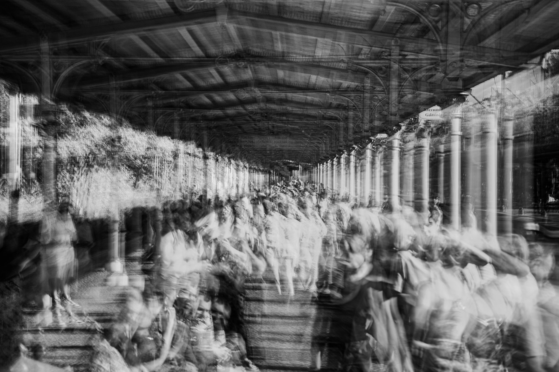 Dynamic black-and-white long-exposure of a blurred crowd under an ornate train station canopy.