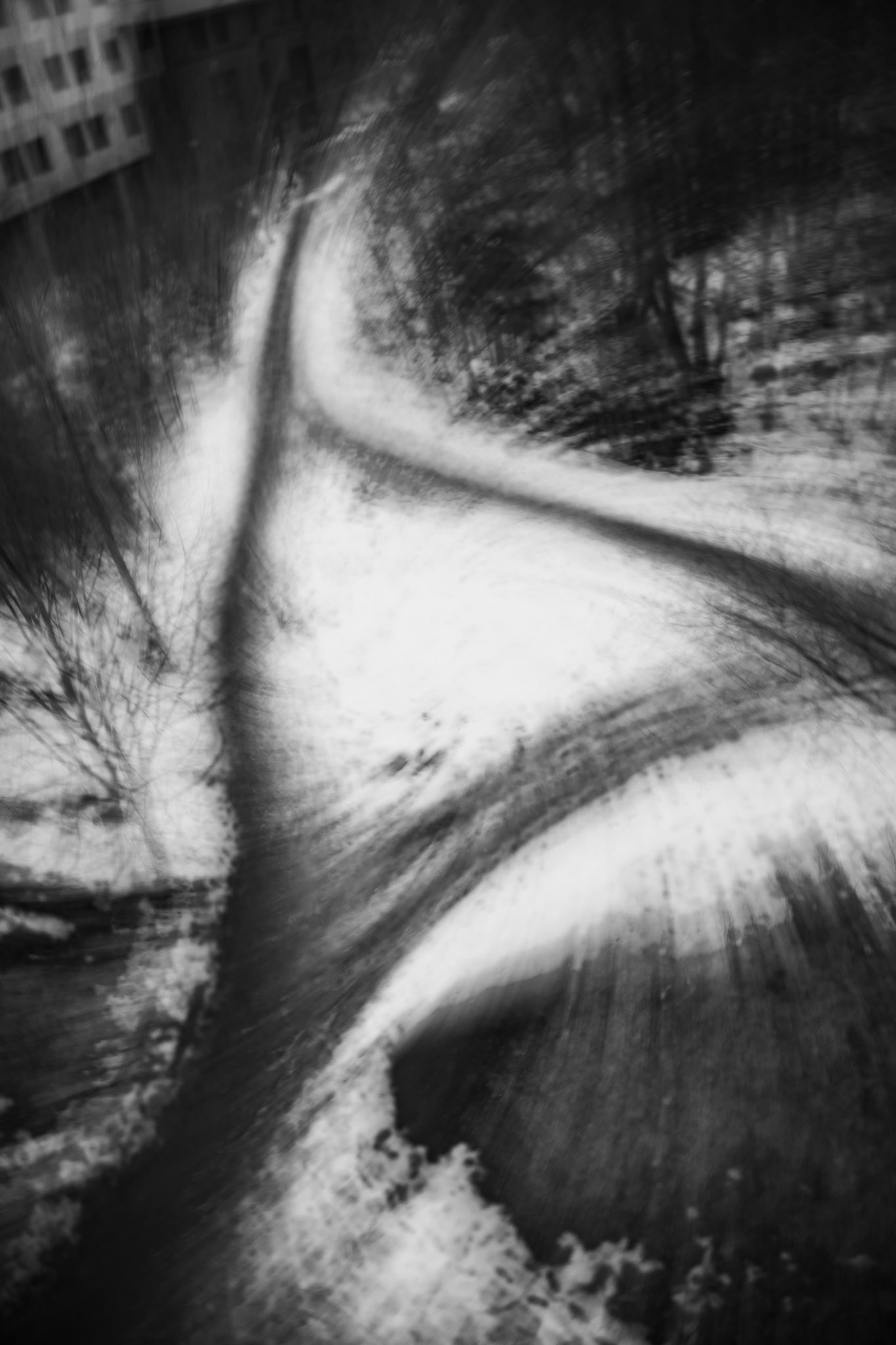 Blurred black-and-white photo of a snow-covered forked path in a wooded urban area with motion blur effect.