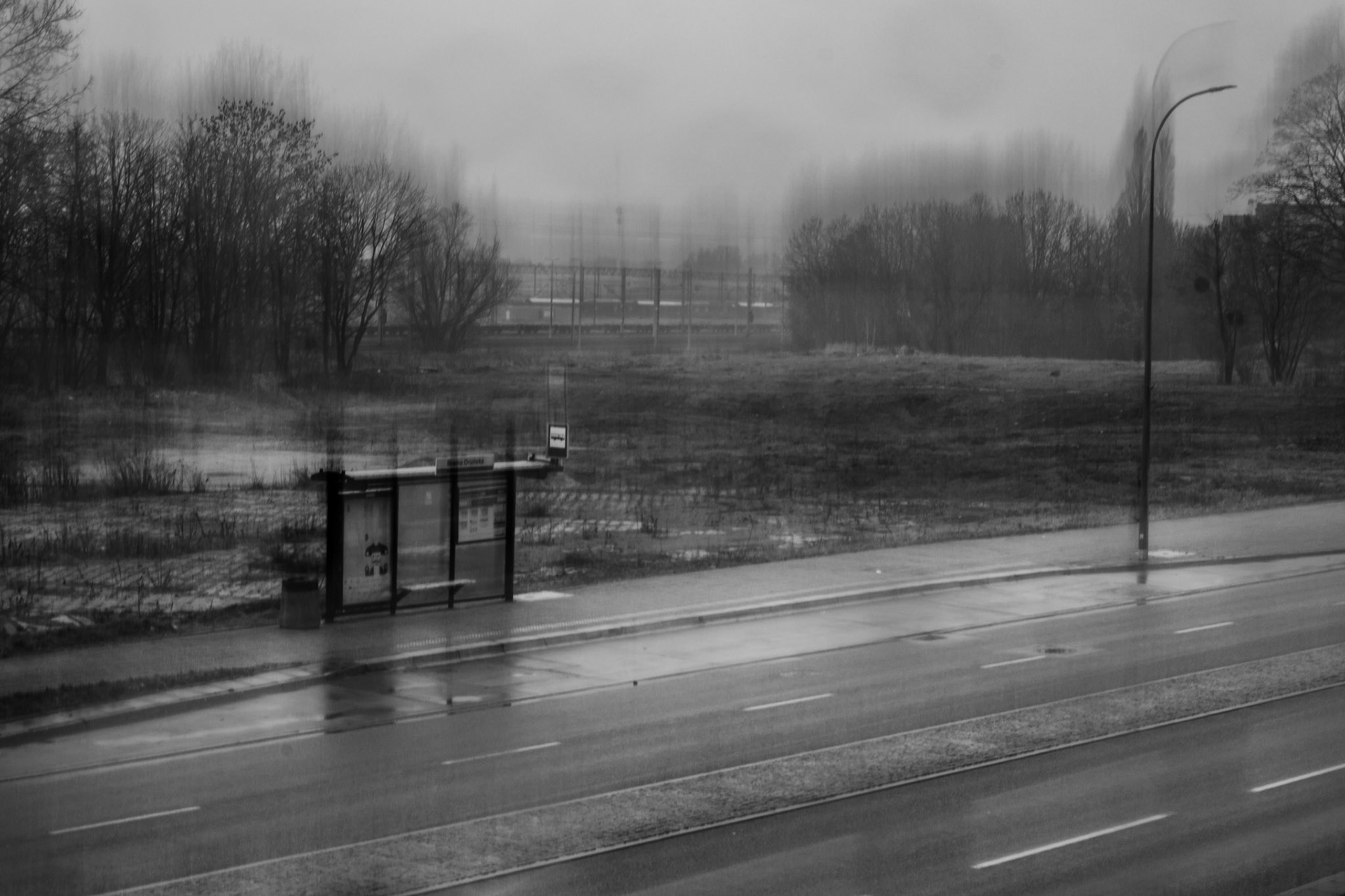 Moody black-and-white scene of a deserted bus stop along a wet roadway with leafless trees and a misty field in the background.